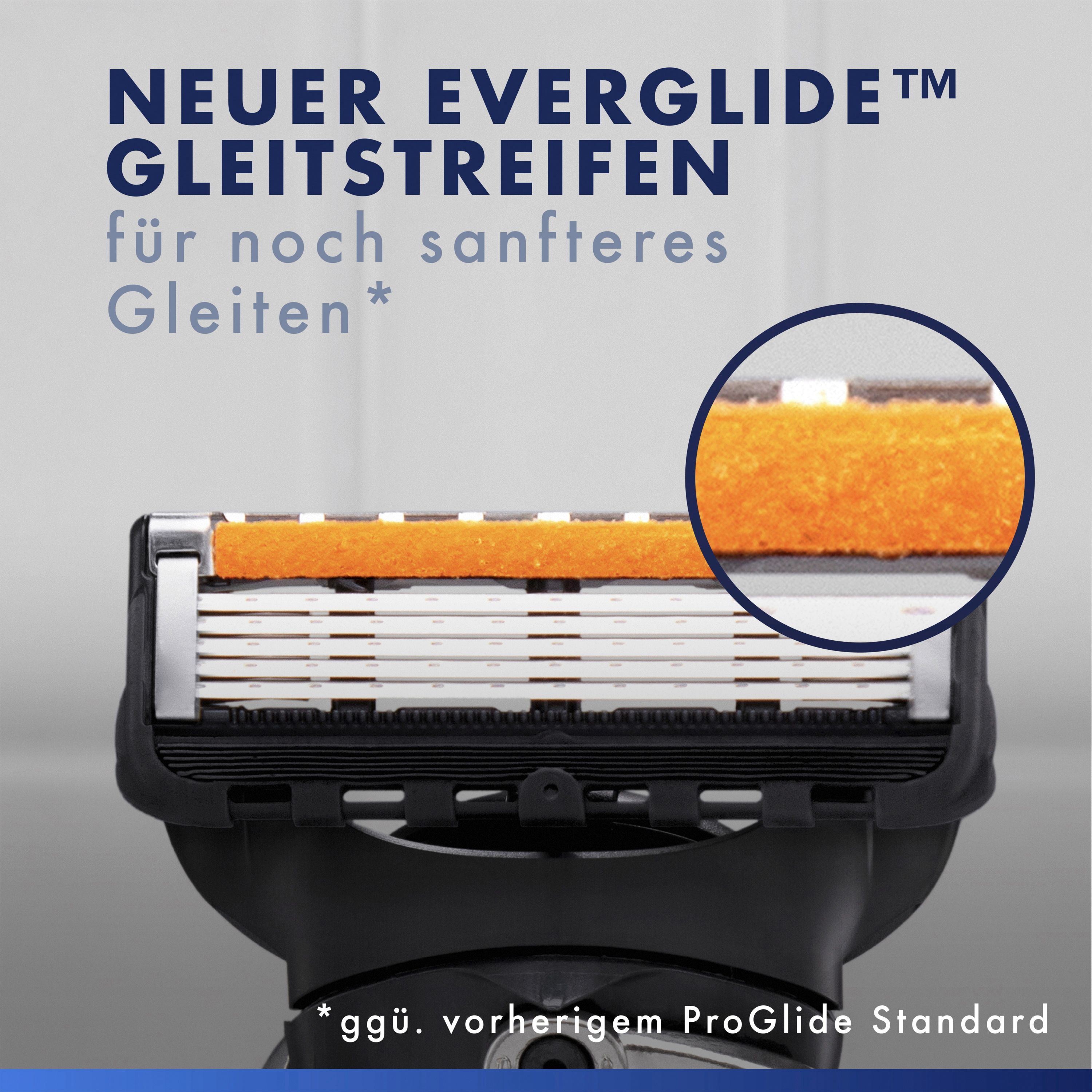 Nahaufnahme der Gillette ProGlide Klingen. Orangefarbener Gleitstreifen, weiße Klingen. Blauer Hintergrund.