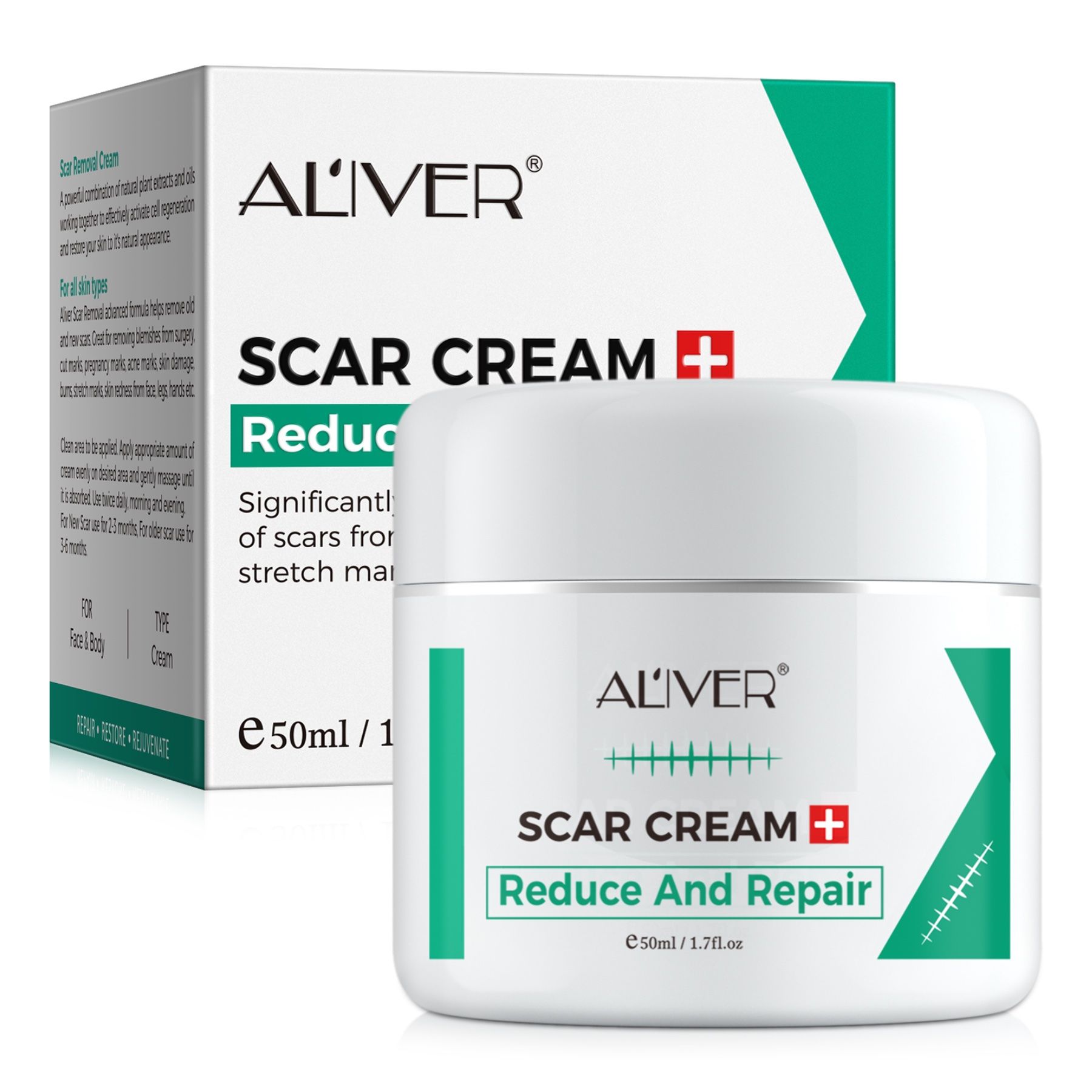 Creme-Tiegel und Schachtel ALIVER SCAR CREAM. Text: SCAR CREAM Reduce And Repair. 50ml/1.7 fl.oz.
