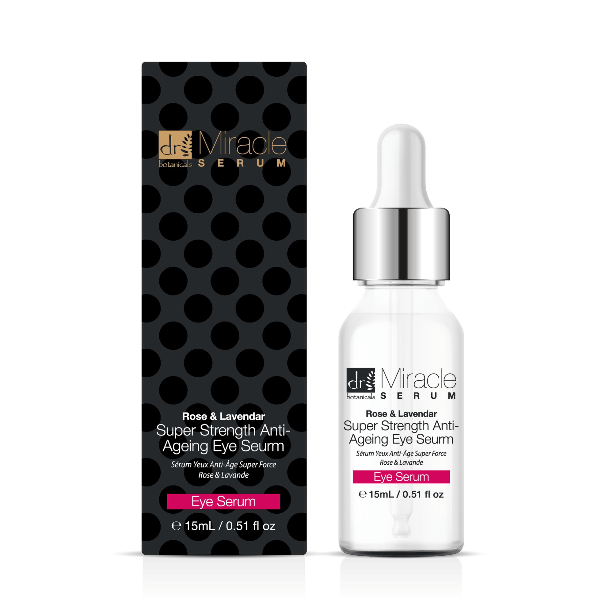 Produktflasche und Verpackung. Schwarze Verpackung mit weißen Punkten. Produktname und Marke sichtbar. Rosa Etikett mit Text: Eye Serum.