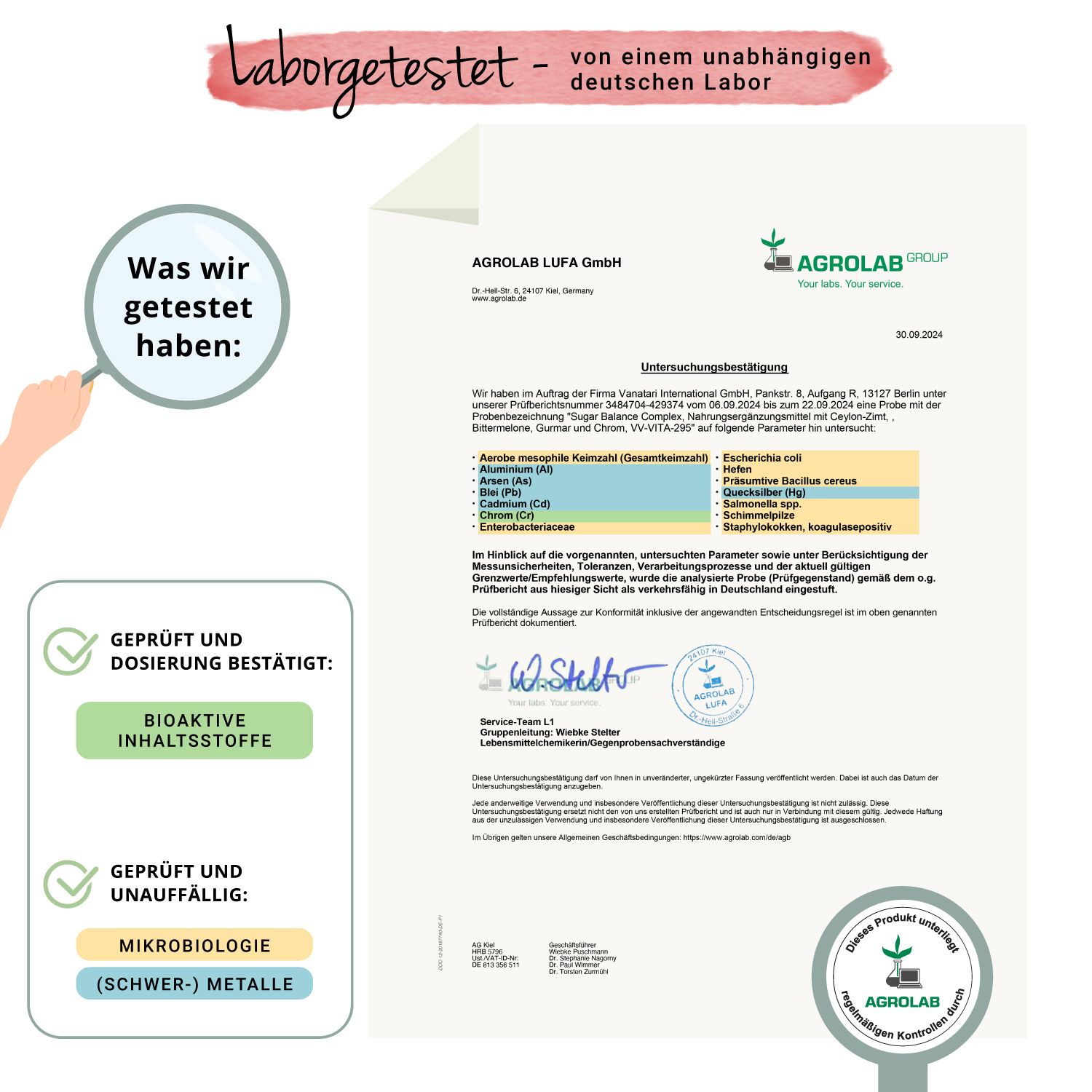 Zertifikat von Agrolab. Text: Bioaktive Inhaltsstoffe, geprüft und dosiert bestätigt. Mikrobiologie, geprüft und unauffällig.