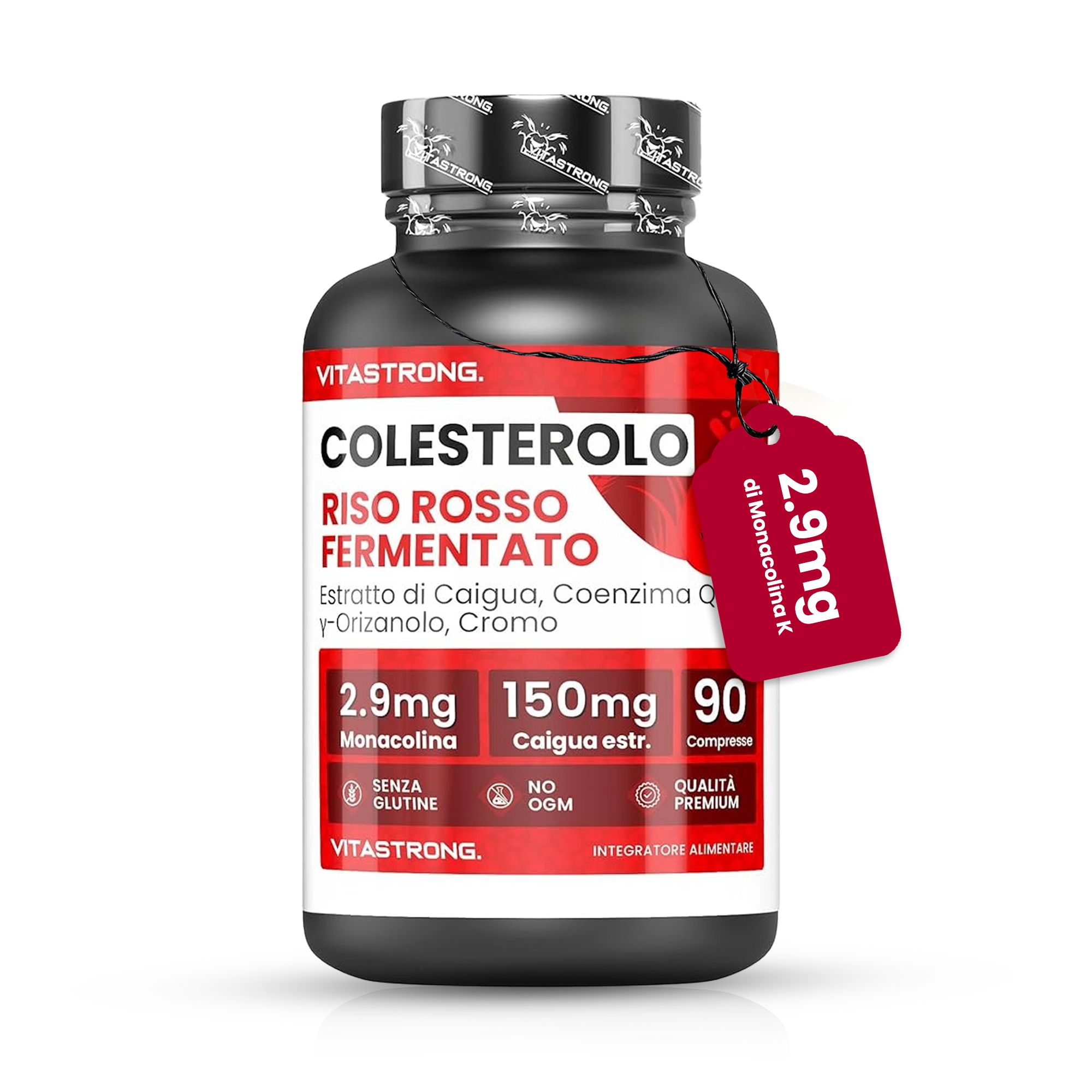 Schwarze Flasche mit roten Etiketten. Enthält 90 Tabletten. Text: Vitastrong, Cholesterin, Riso Rosso Fermentato.