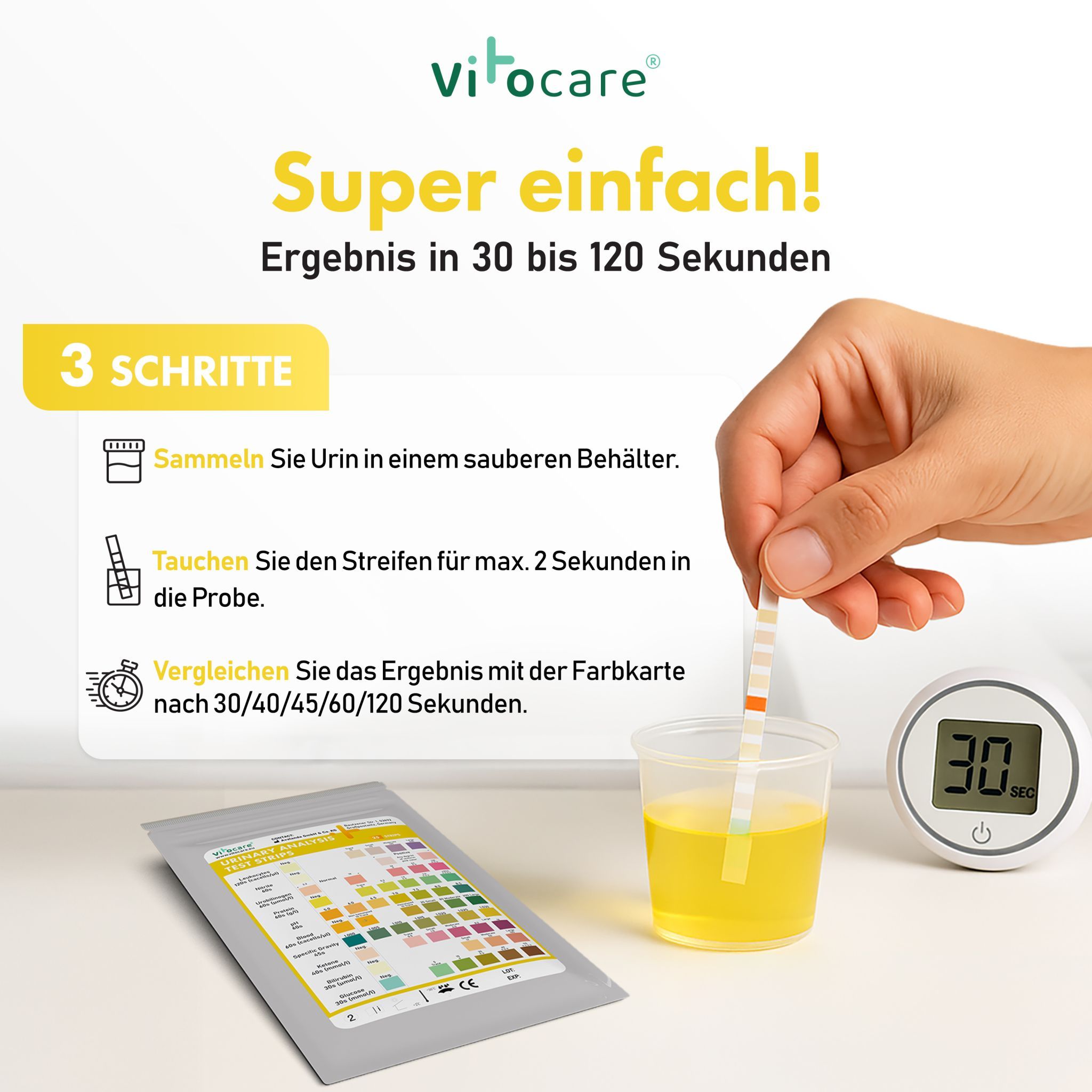 Vitocare Urinteststreifen: Hand taucht Teststreifen in Urinprobe. Farbkarte und Timer sichtbar.