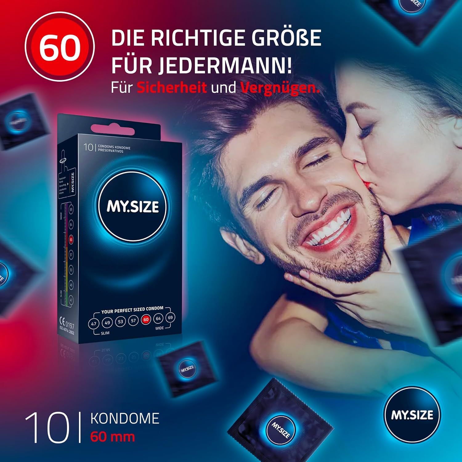 Werbebild mit MY.SIZE-Packung und Personen. Packung mit 10 Kondomen, 60 mm. Text: "DIE RICHTIGE GRÖßE FÜR JEDERMANN!" und "Für Sicherheit und Vergnügen!"