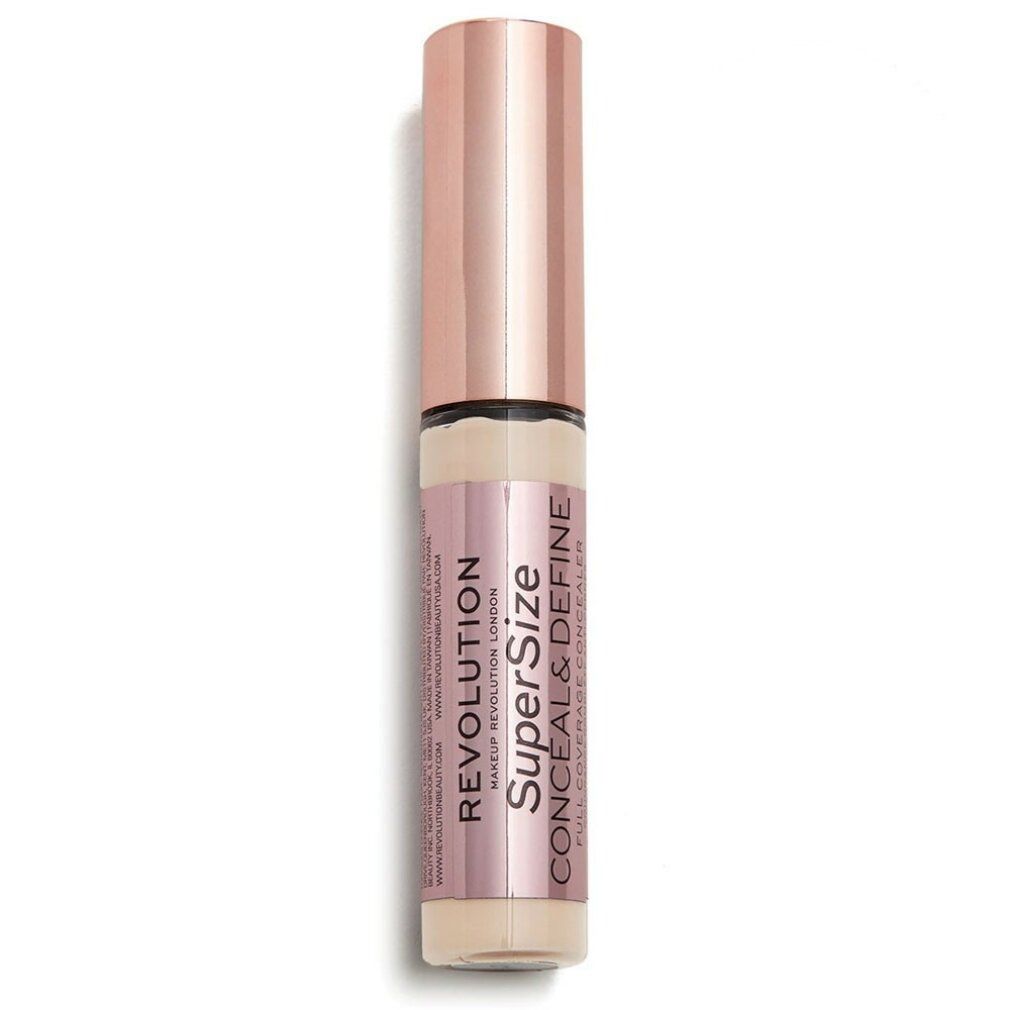 Concealer-Tube mit rosafarbenem Deckel. Aufschrift: REVOLUTION SuperSize CONCEAL & DEFINE. Farbton C3.