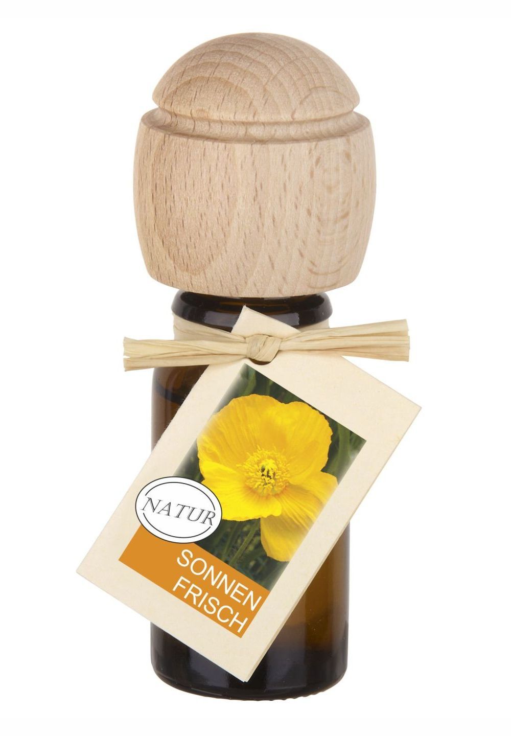 Braune Glasflasche mit Holzverschluss und Etikett. Etikett mit gelber Blume und Schriftzug SONNEN FRISCH.