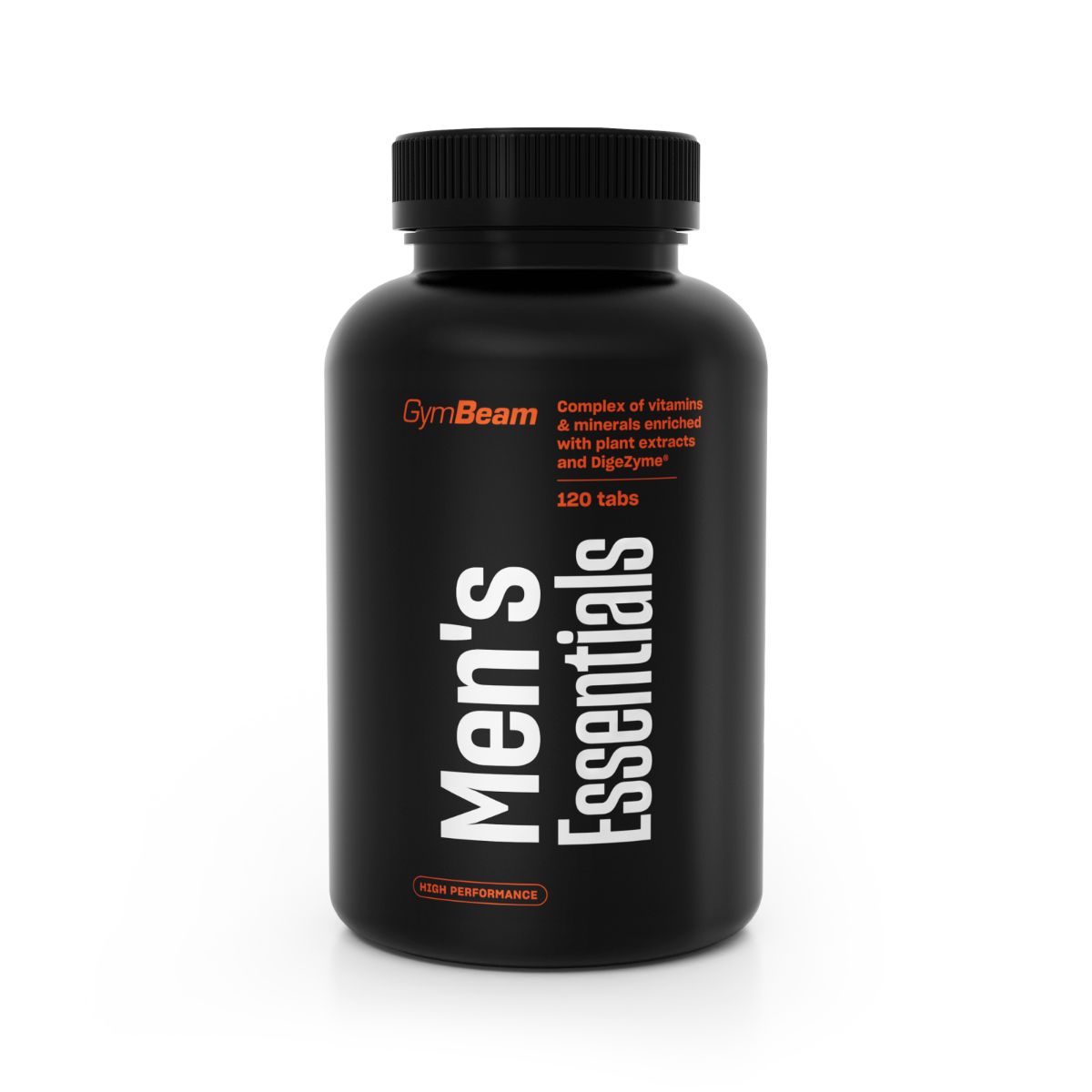 Schwarzer Behälter mit GymBeam Men's Essentials Multivitamin-Komplex Tabletten, 120 Stück.