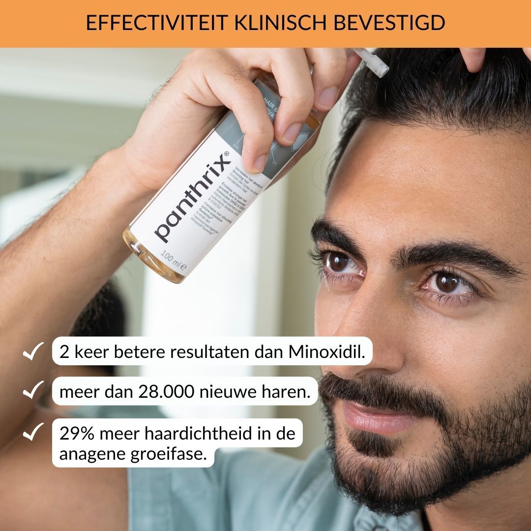 Man houdt productfles vast. Tekst: 2x betere resultaten dan Minoxidil, meer dan 28.000 nieuwe haren, 29% meer haardichtheid.