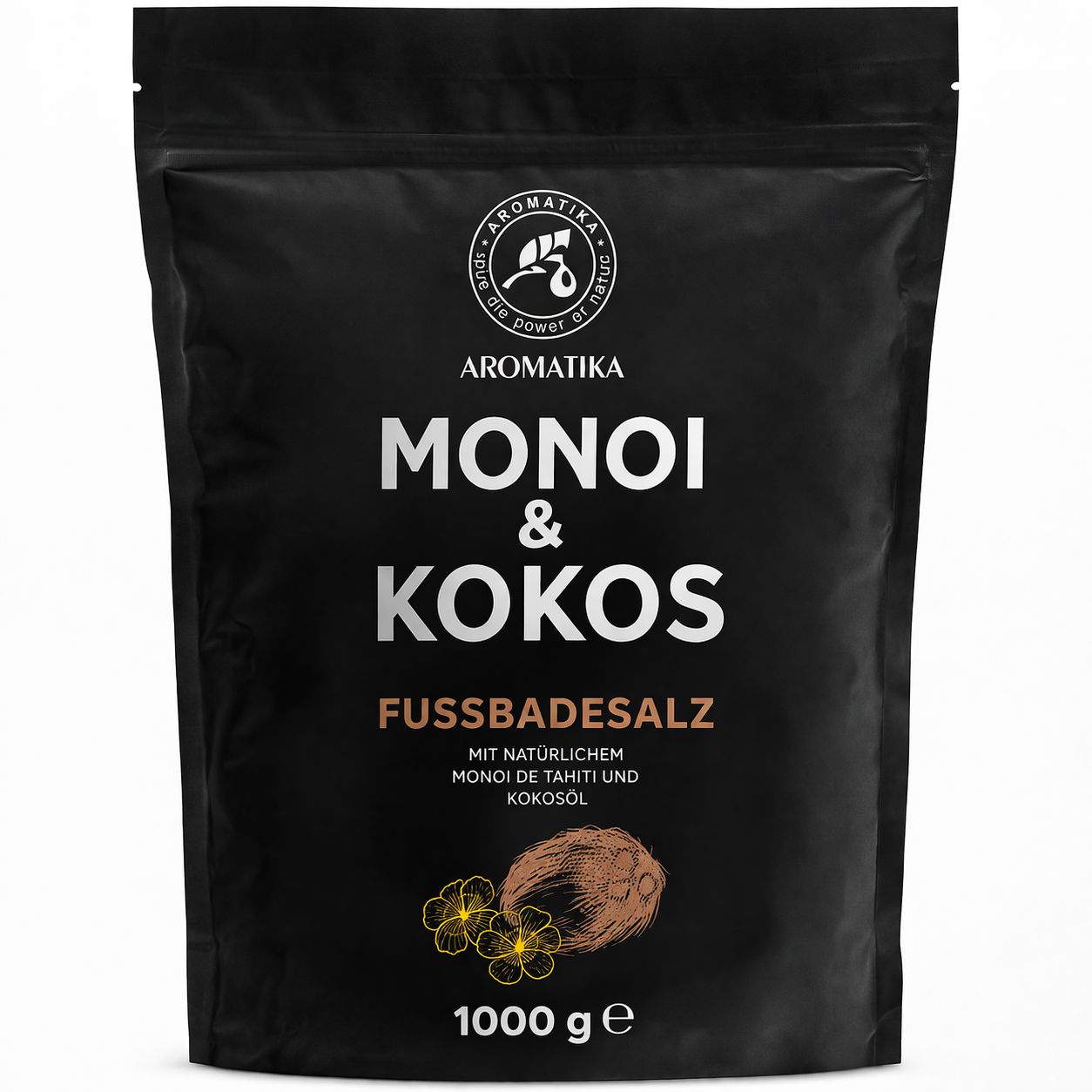 Schwarze Verpackung mit Produktnamen und Logo. Kokosnuss und Blüten als Dekoration. Text: Fußbadesalz Monoi & Kokos.