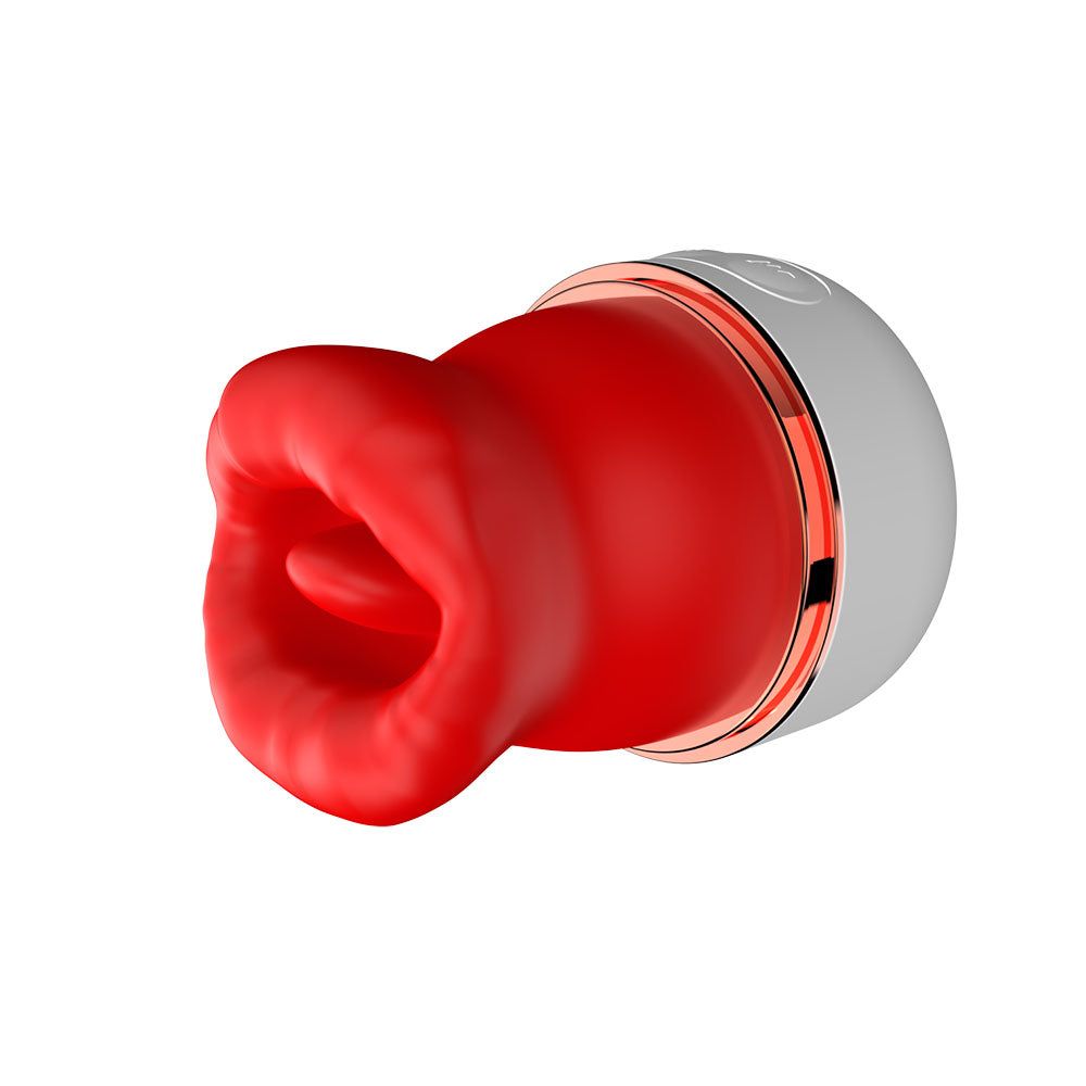 Roter Aufsatz auf einem silbernen und weißen Sockel. Das Produkt hat eine runde Form.