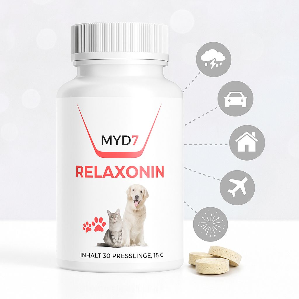 Weiße Flasche mit roter Aufschrift MYD7 Relaxonin. Abbildung von Katze und Hund. Inhalt: 30 Presslinge, 15 G. Tabletten daneben.