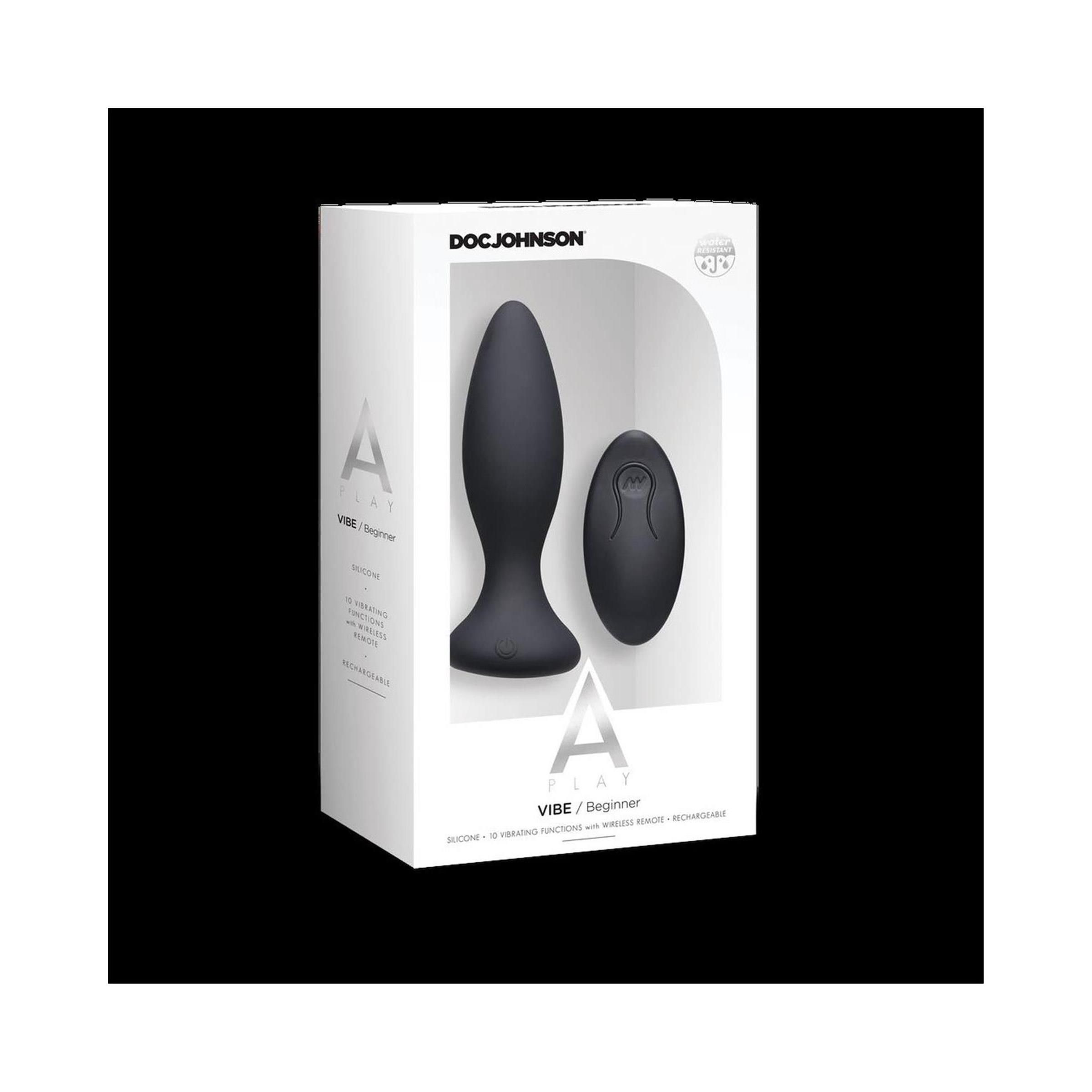 Verpackung mit schwarzem Analplug und Fernbedienung. Marke: Doc Johnson. Produktname: Vibe. Material: Silikon. Verpackung mit Produktnamen und Logo.