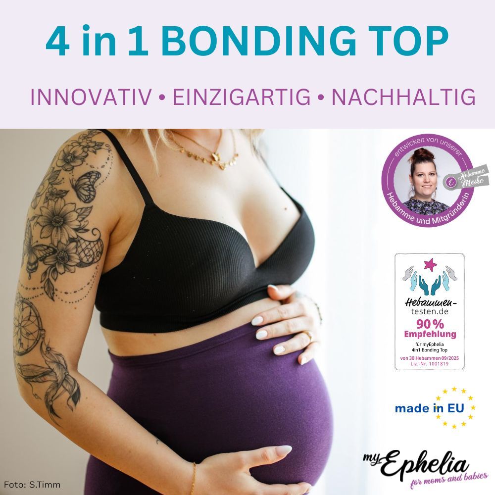Schwarzer BH und violettes Bauchband. Text: 4 in 1 Bonding Top, innovativ, einzigartig, nachhaltig. Logo: myEphelia. Zertifizierung.