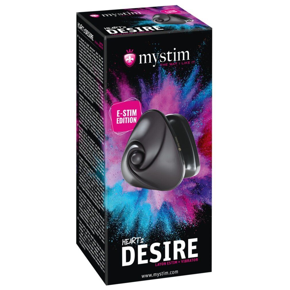 Schwarzes Mystim Heart's Desire. Produktverpackung mit Produktabbildung, Logo und Text. E-Stim Edition.