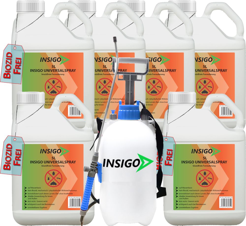 INSIGO Universal Insektenspray. Mehrere 5L Kanister und ein Sprühgerät. Biozidfrei-Etikett. Produktinformationen auf den Kanistern.