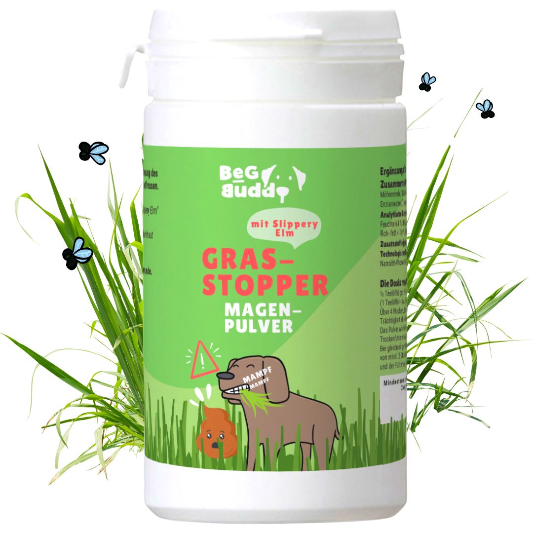 Weißes Behältnis mit grünem Etikett. Aufschrift: Gras-Stopper. Illustration: Hund und Kot. Grüne Schrift: Magen-Pulver.