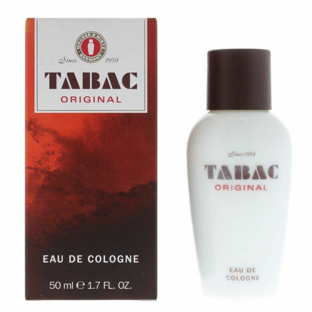 Flasche und Verpackung. Flasche: weiß, brauner Deckel. Verpackung: rot, weißer Aufdruck: TABAC ORIGINAL, Eau de Cologne.