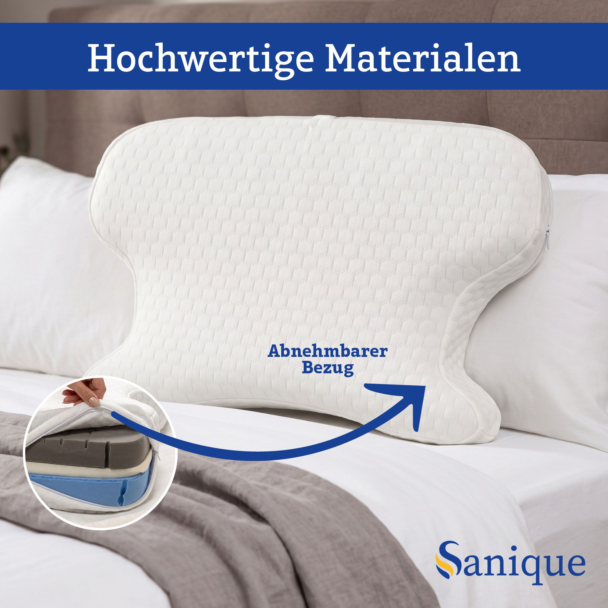 Höhenverstellbares orthopädisches Kissen mit herausnehmbarer Innenschicht.