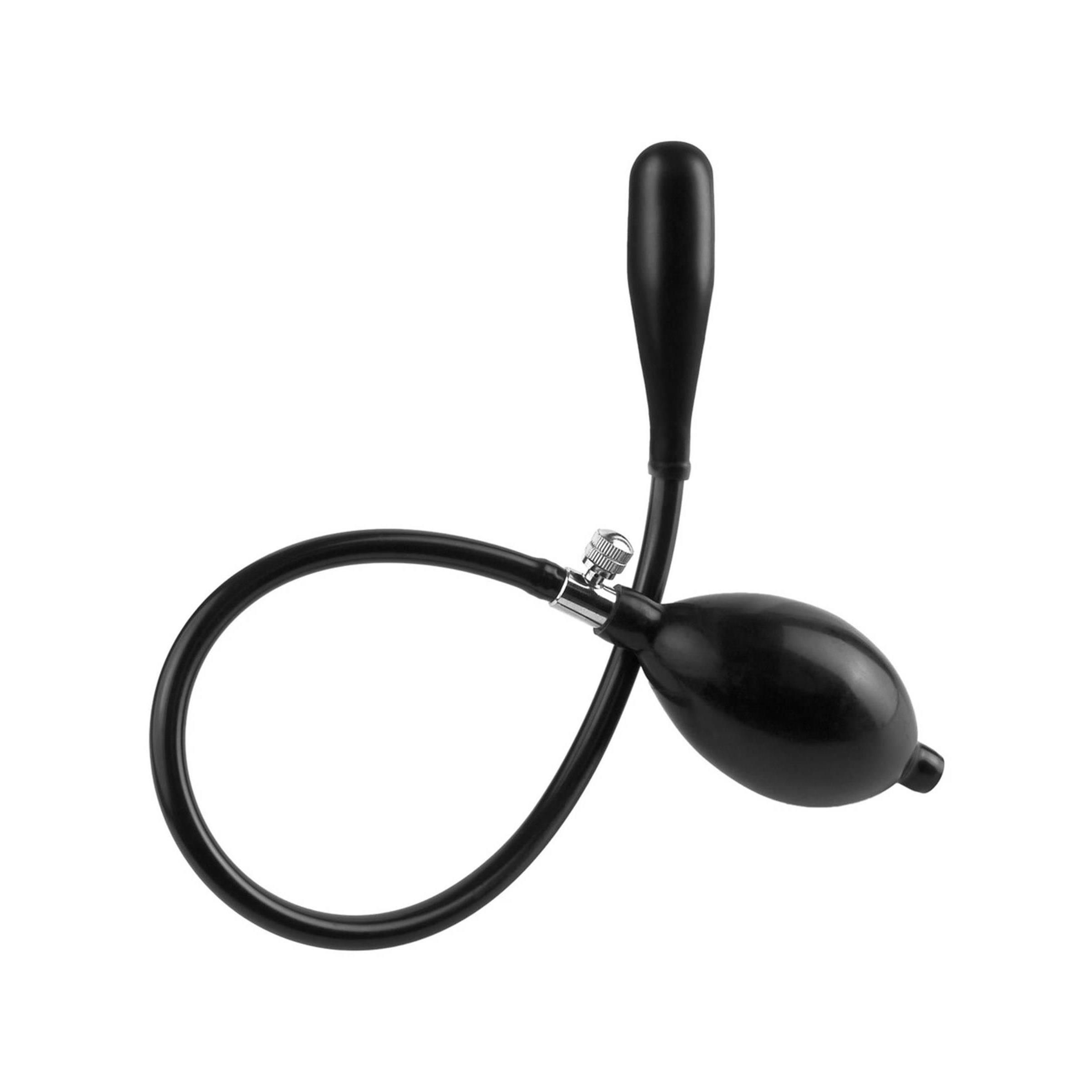 Schwarzer, aufblasbarer Anal-Expander mit Pumpe und Schlauch. Aus Gummi und Kunststoff.