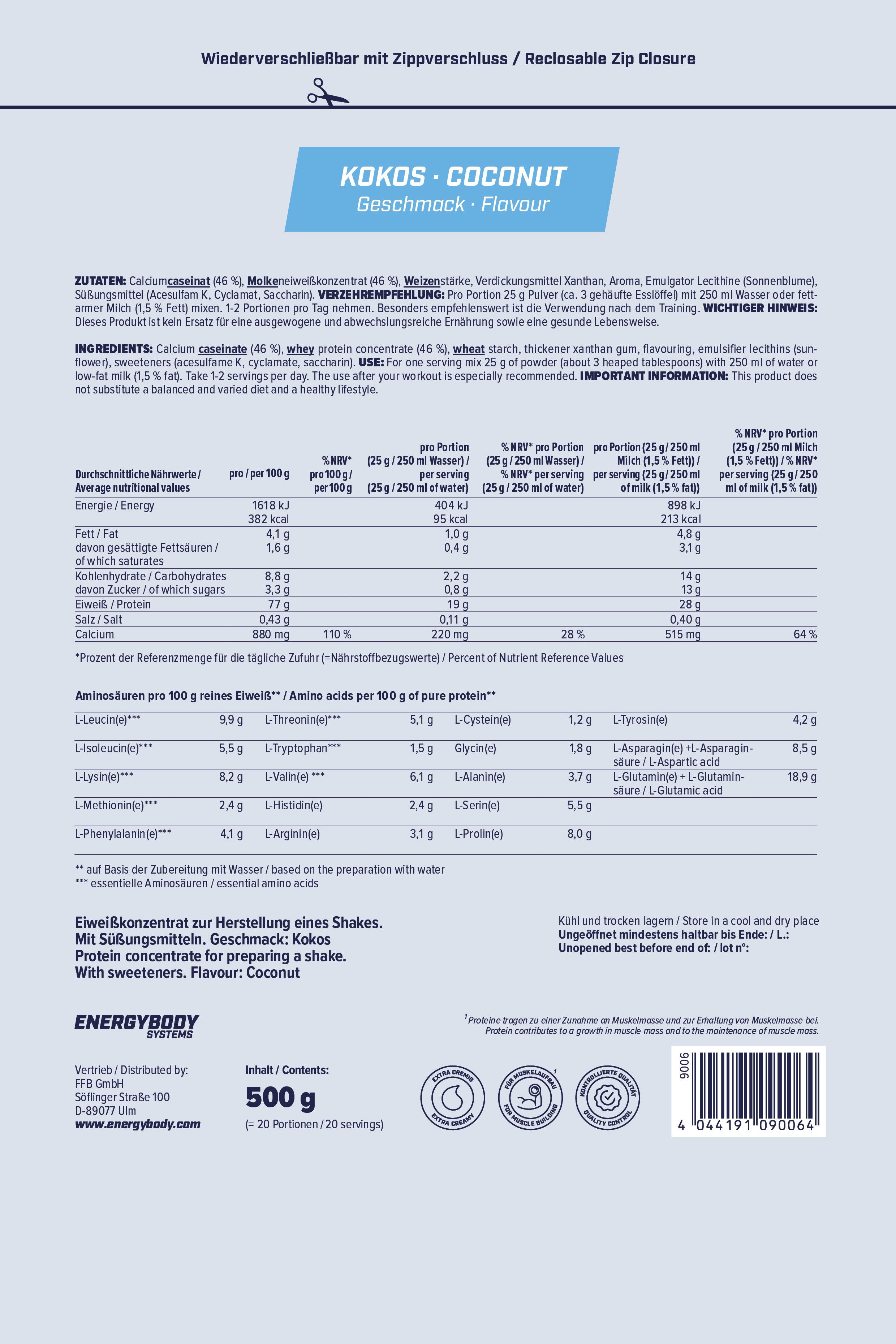 Rückseite der Protein-Pulverpackung. Mega Protein, Kokos-Geschmack. Nährwertangaben, Zutatenliste. 500g, 20 Portionen.