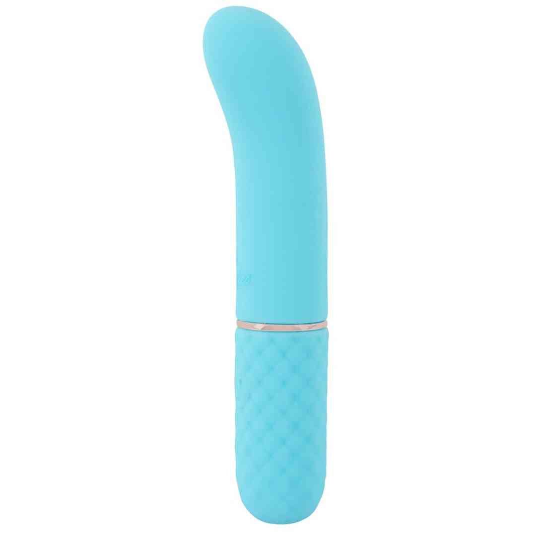 Türkisfarbener Vibrator mit gebogener Form. Unterteil mit Rautenmuster, goldfarbener Ring.