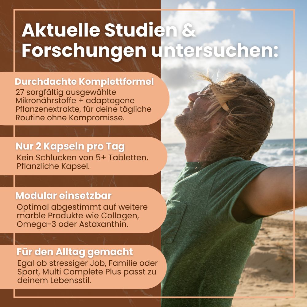 Mann am Strand. Text: Aktuelle Studien & Forschungen untersuchen: 2 Kapseln pro Tag, modular einsetzbar, für den Alltag gemacht.