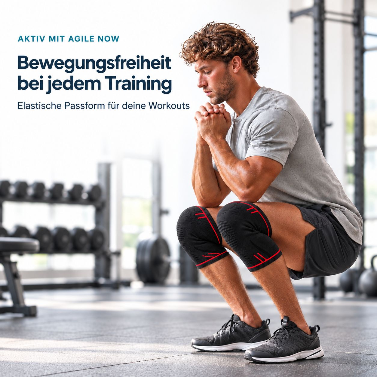 Mann macht Kniebeugen im Fitnessstudio, trägt Kniebandagen für Bewegungsfreiheit.