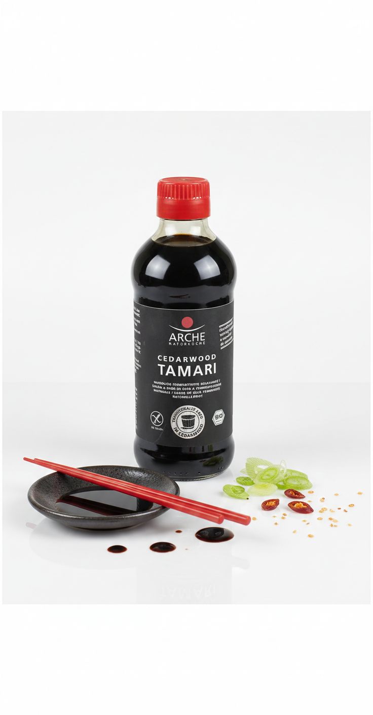 Arche Bio Tamari Cedarwood Flasche mit rotem Deckel, daneben ein Schälchen mit Stäbchen.