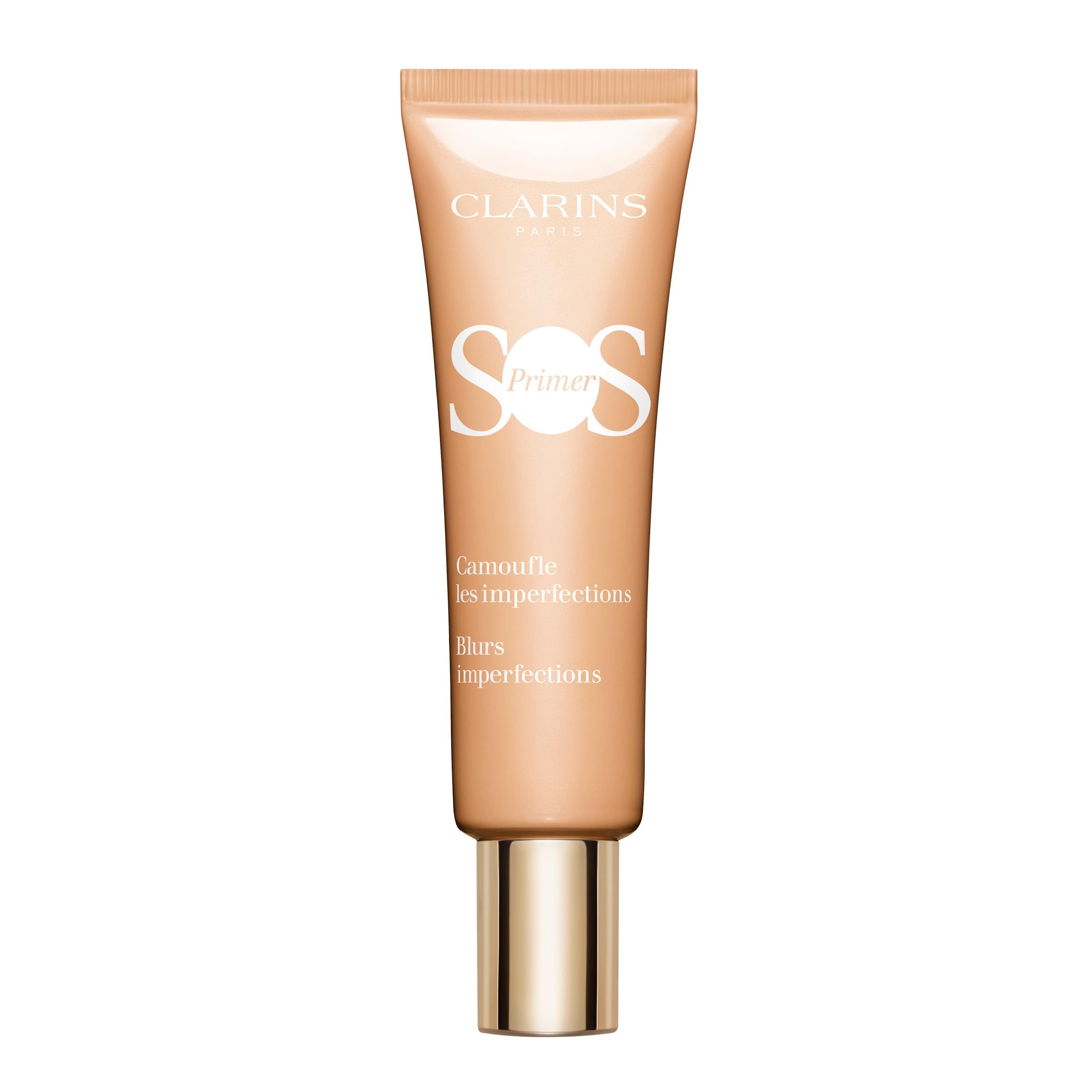 Tube CLARINS SOS Primer Peach. Text: Camoufle les imperfections, blurs imperfections.
