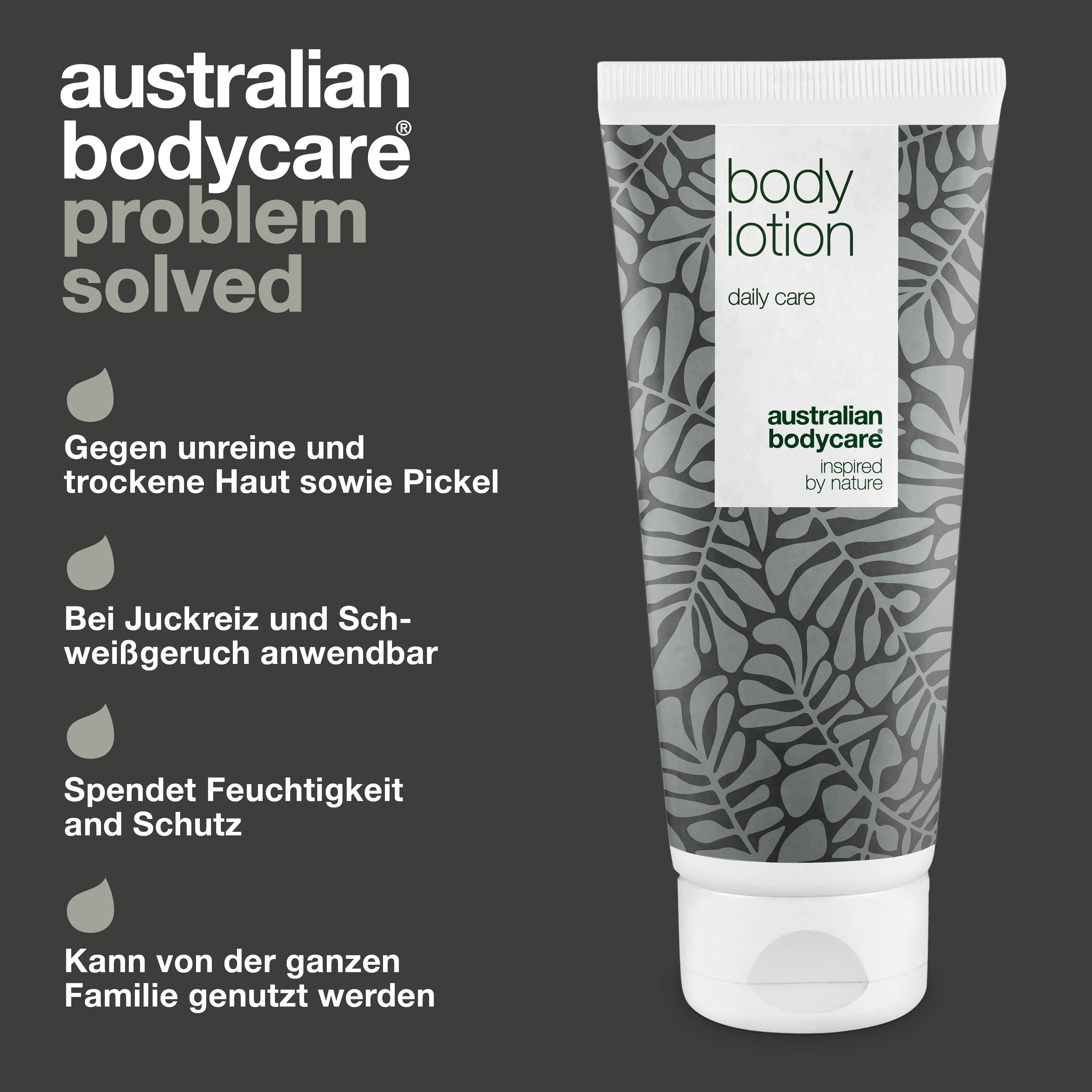Tube: Body Lotion, daily care. Logo: Australian Bodycare. Text: Problem solved.