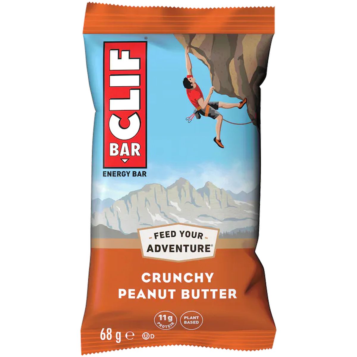 Verpackung eines CLIF BAR. Aufschrift: Crunchy Peanut Butter. Bild eines Kletterers. Enthält 11g Protein und ist pflanzlich.