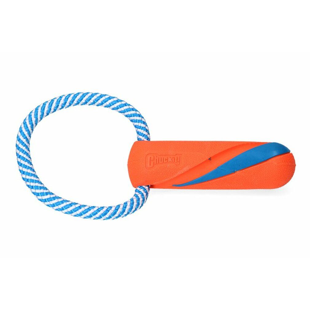 Orangefarbener Bumper mit blauem Akzent und blau-weißem Seilring. Marke Chuckit!