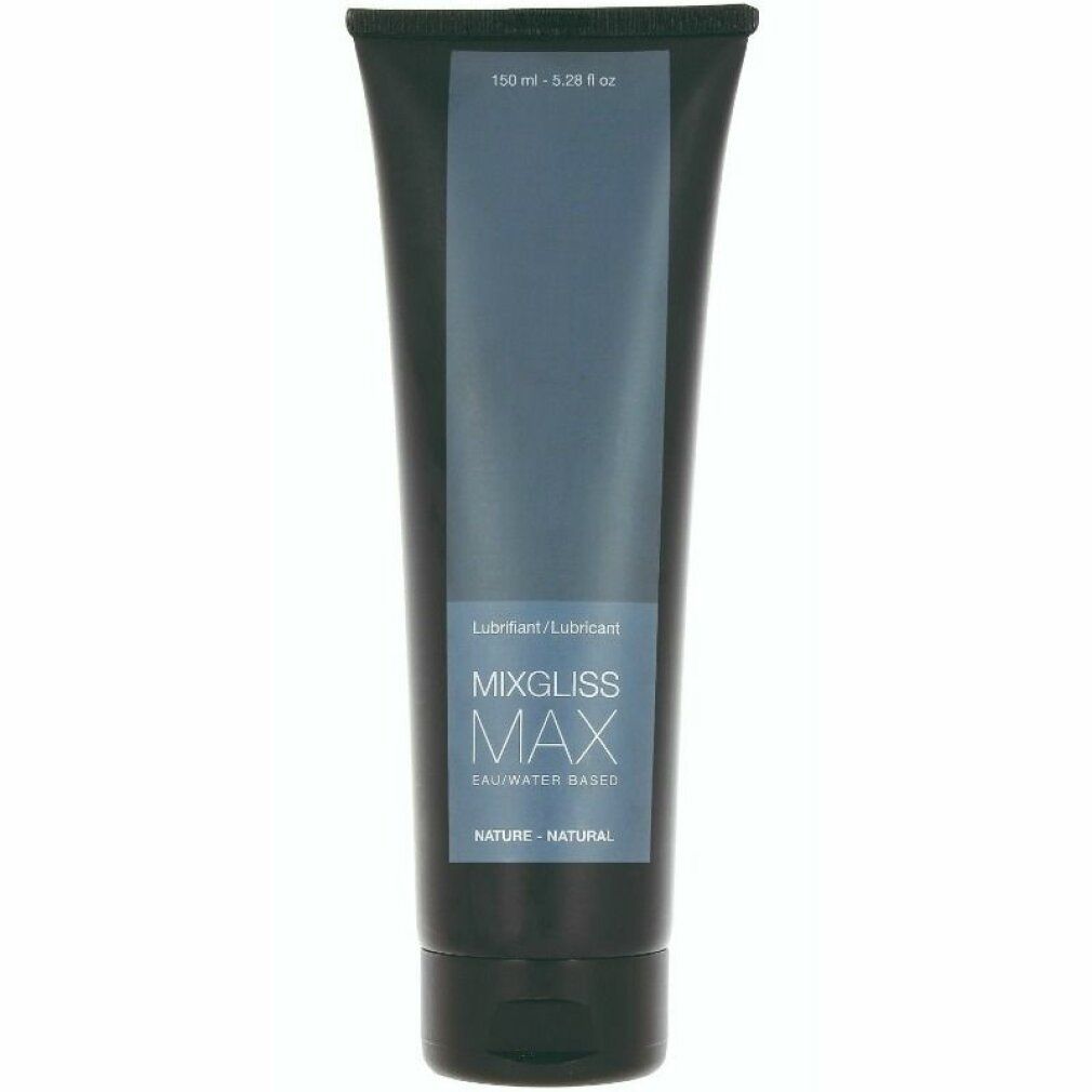 Schwarze Tube mit blauem Etikett, beschriftet mit MIXGLISS MAX, Gleitmittel auf Wasserbasis.