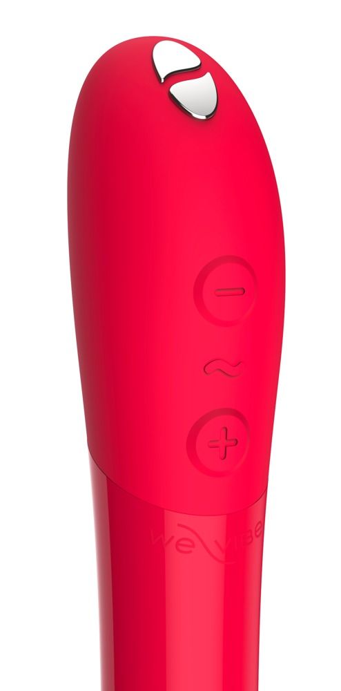 Roter Vibrator mit Knöpfen. Oben zwei Knöpfe, darunter drei weitere. We-Vibe Logo unten.