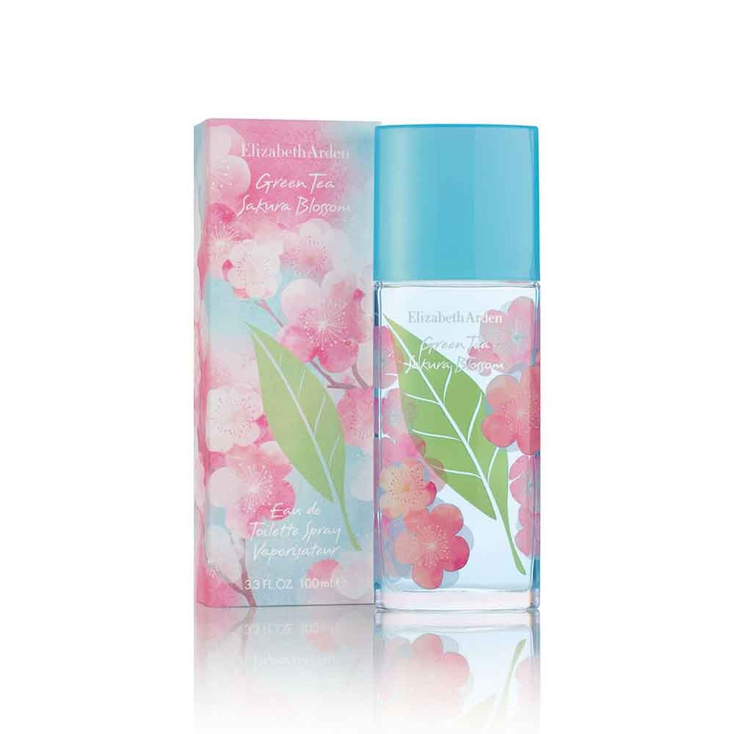Flesje en verpakking. Flesje met blauwe dop, roze bloemen en groen blad. Verpakking met bloemenpatroon.