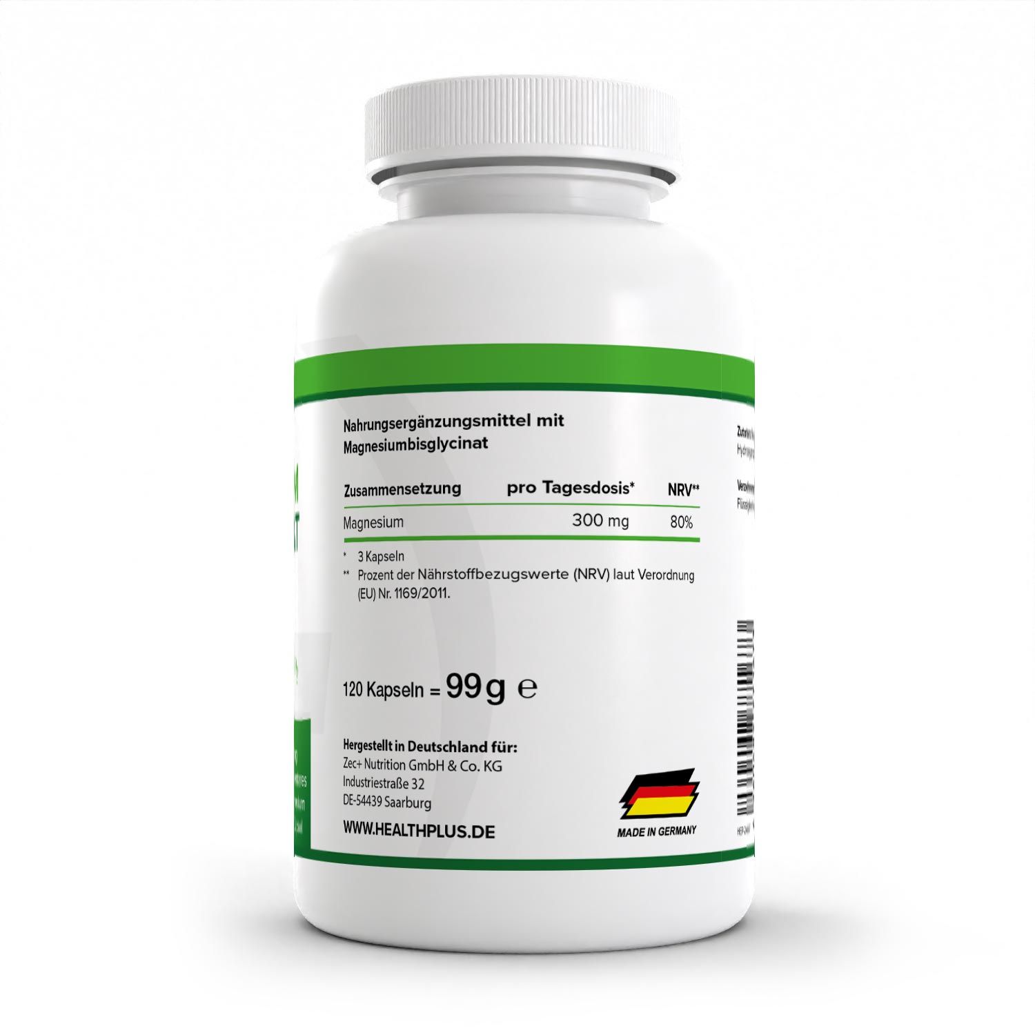 Rückseite einer weißen Flasche. Aufschrift: Nahrungsergänzungsmittel mit Magnesiumbisglycinat. 120 Kapseln = 99g. Hergestellt in Deutschland.
