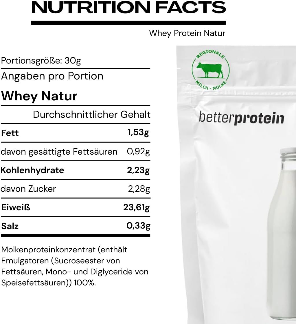 Betterprotein Whey Protein Natur 1000g Beutel mit Nährwertangaben.