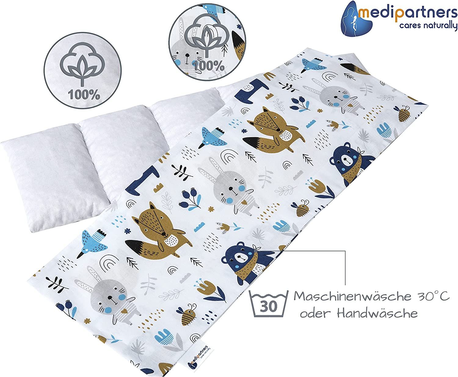 Kissen mit Tiermuster. 100% Baumwolle. Maschinenwäsche 30°C. Logo: medipartners cares naturally.