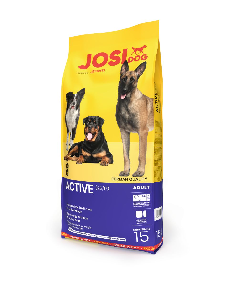 Gelber Beutel mit JosiDog Active Hundefutter. Abgebildet sind drei Hunde. Text: Active, German Quality, Adult, 15 kg.
