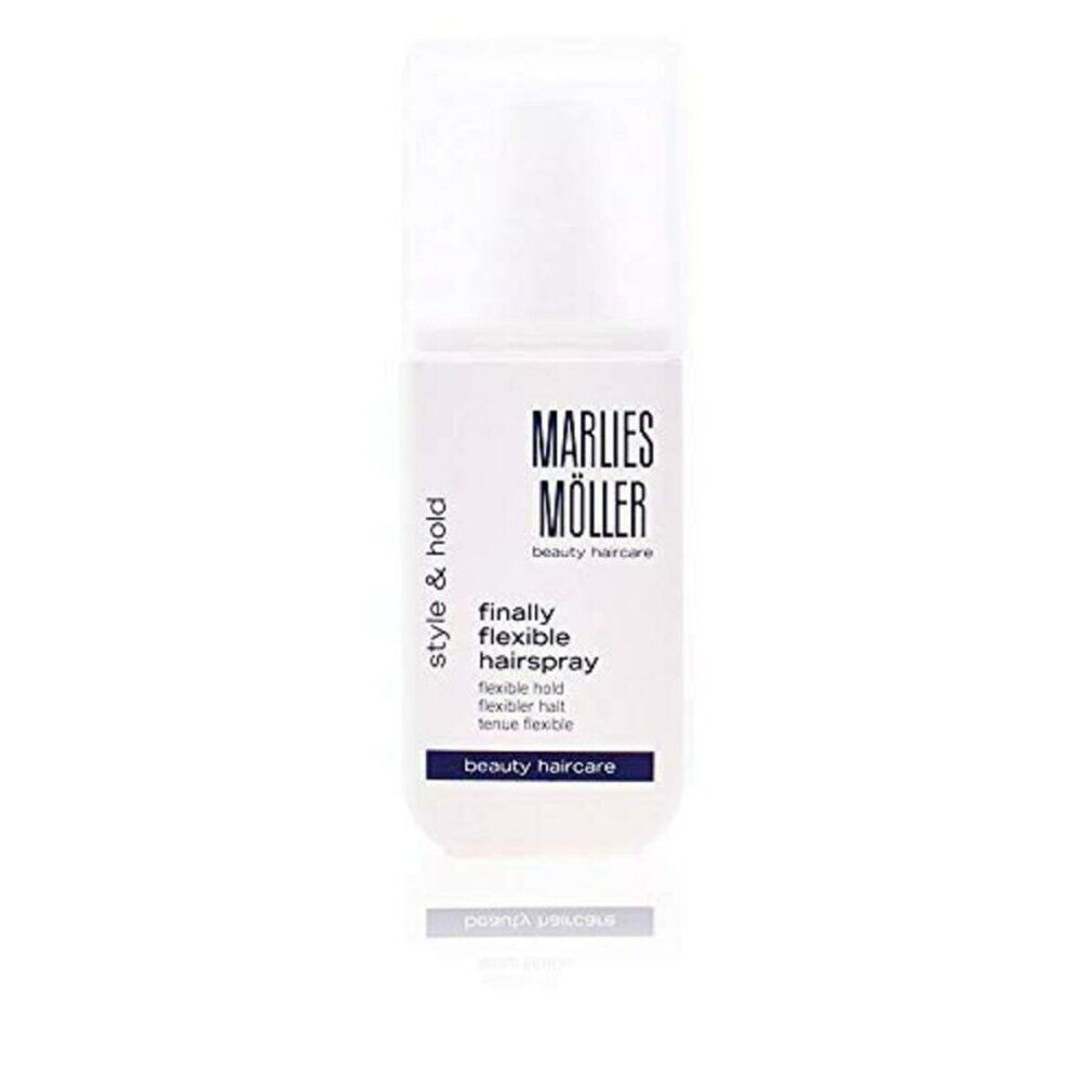 Weißes Marlies Möller Haarspray. Aufschrift: finally flexible hairspray. Mit weißem Deckel.