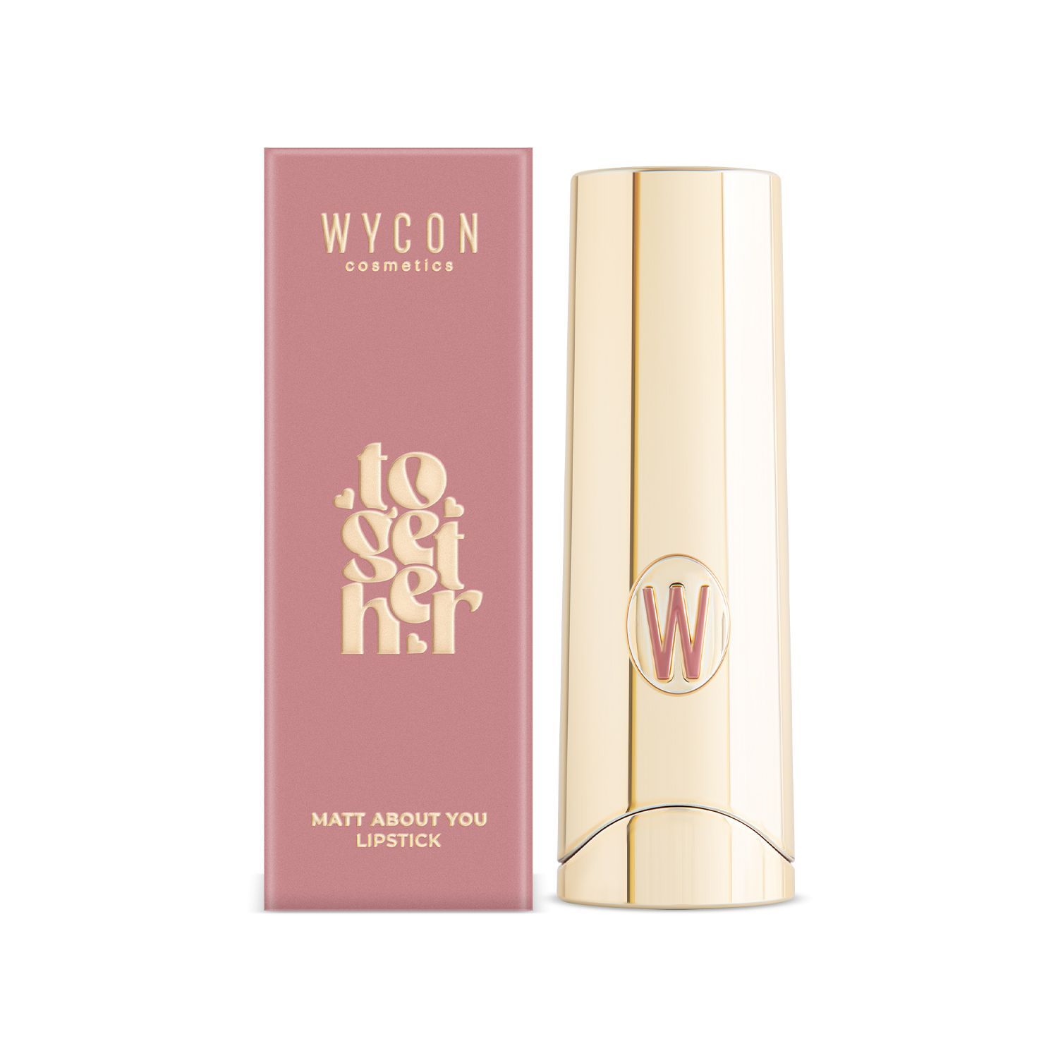 Rossetto e confezione. Confezione con testo "WYCON cosmetics" e "matt about you". Rossetto dorato.