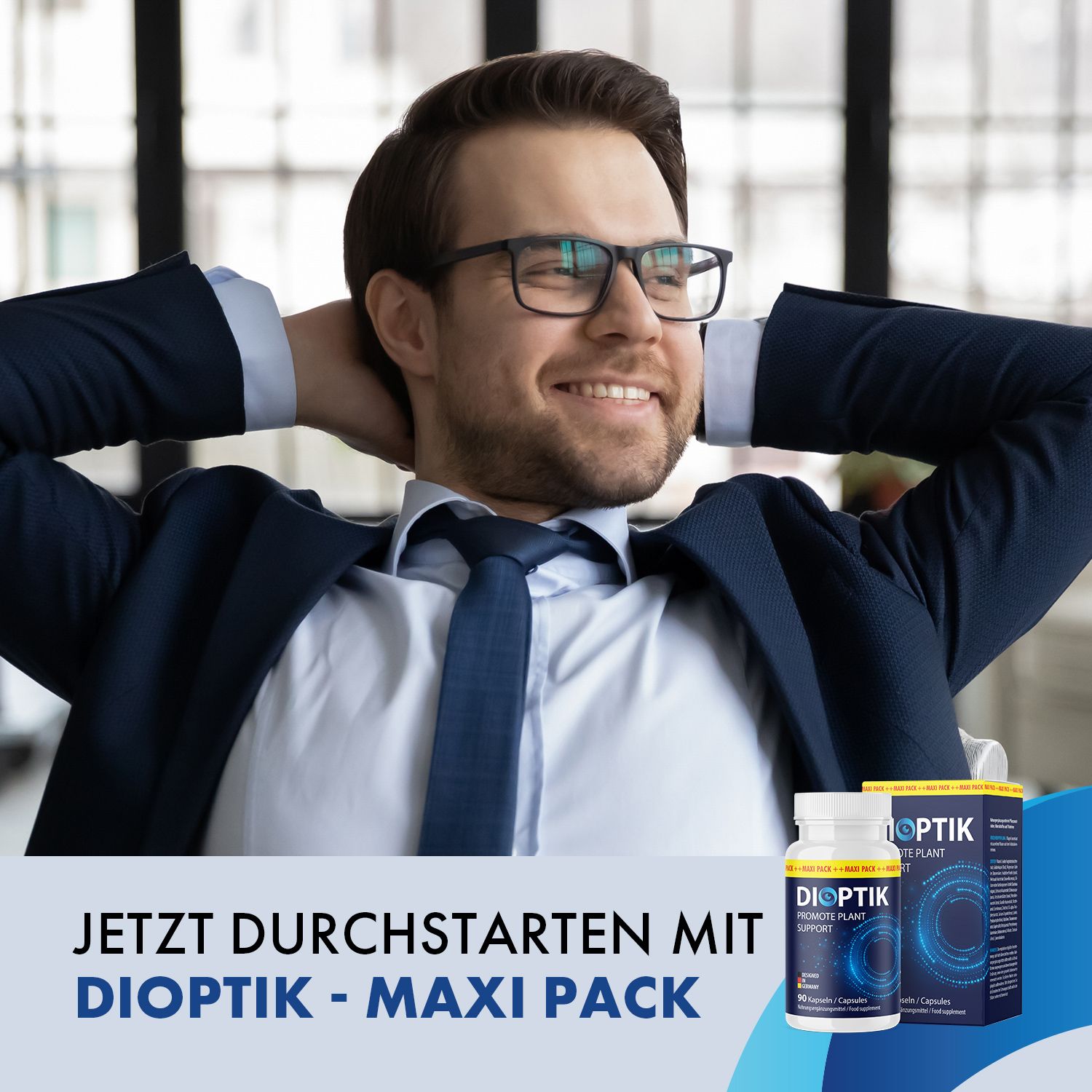 Mann mit Brille lächelt. Dioptik Kapseln-Dose und -Verpackung. Aufschrift: Jetzt durchstarten mit Dioptik - Maxi Pack.