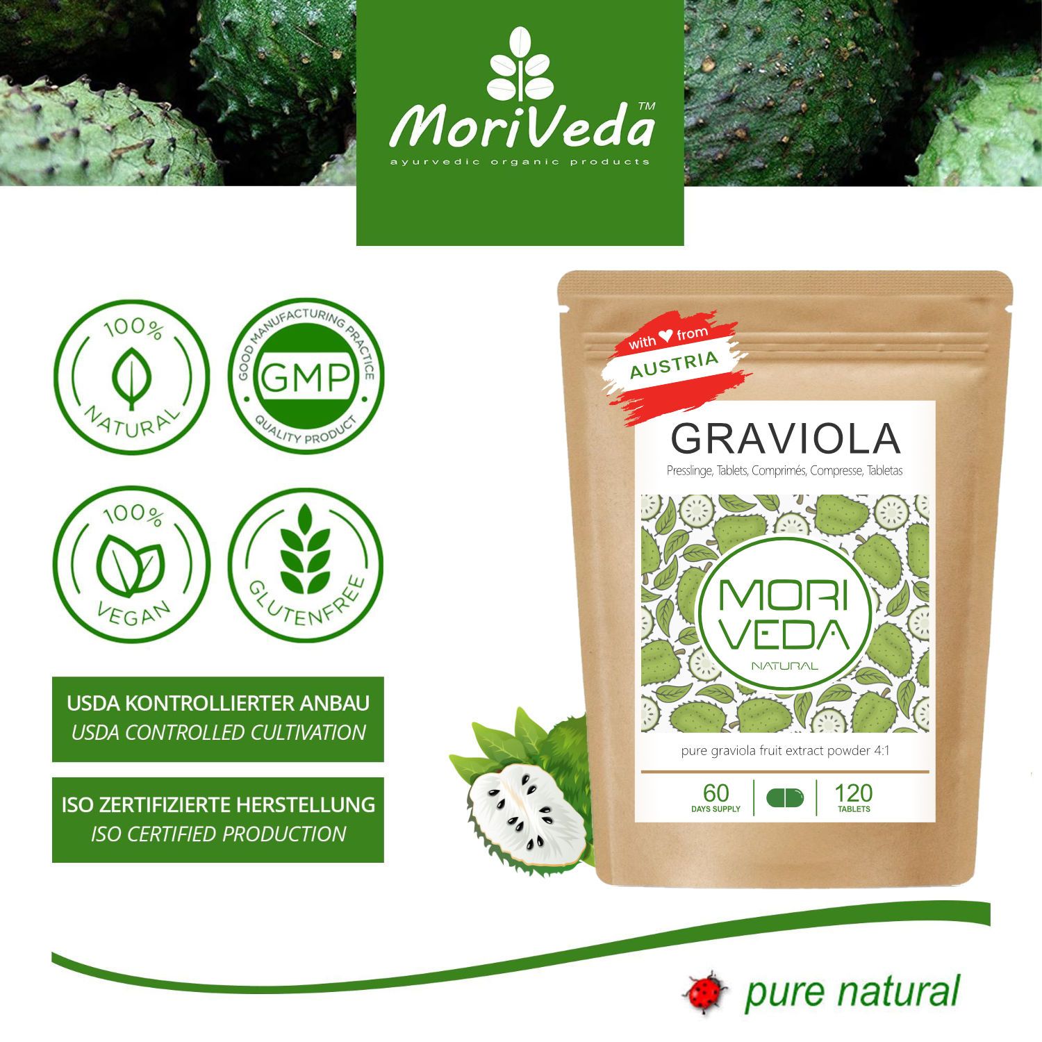 Beutel mit Graviola Tabletten. Aufdruck: Graviola, Mori Veda, 120 Tabletten, 60 Tagesdosen. Mit Zertifizierungen.