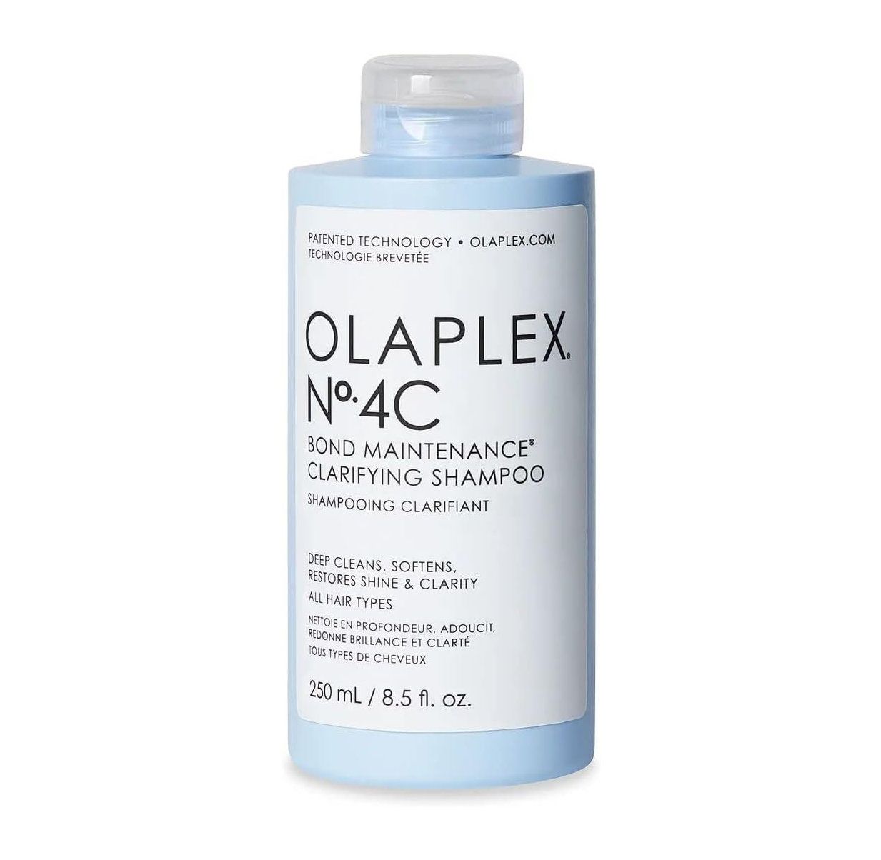 Hellblaues Shampoo mit weißem Deckel. Aufschrift: Olaplex No. 4C Bond Maintenance Clarifying Shampoo. 250 ml / 8.5 fl. oz.