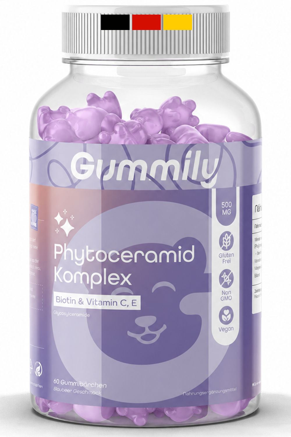 Gummily Phytoceramid Komplex Flasche mit 60 Gummibärchen, mit deutschen Flaggen-Akzenten am Deckel.