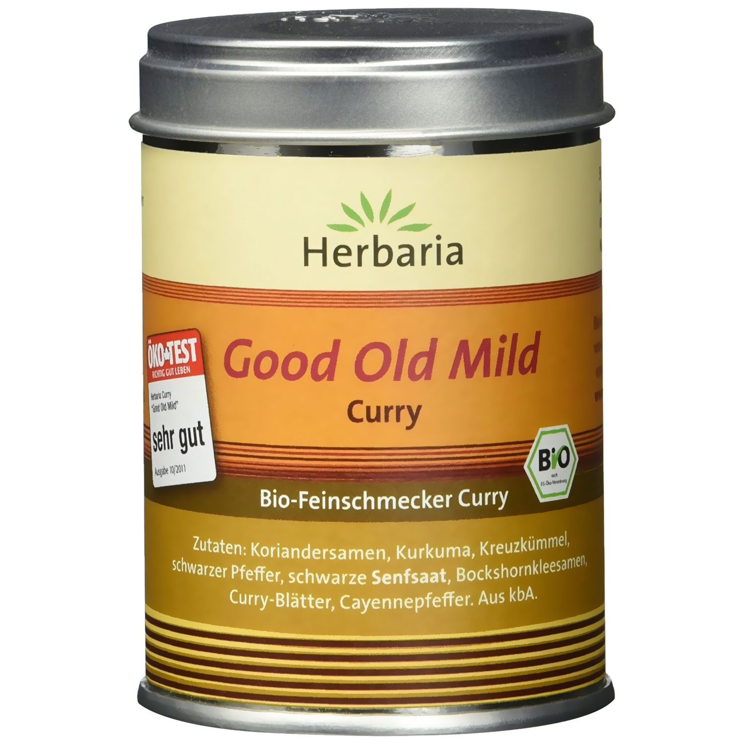 Zylindrische Dose mit Deckel. Aufschrift: Herbaria, Good Old Mild Curry. Bio-Siegel. Aufkleber: sehr gut.