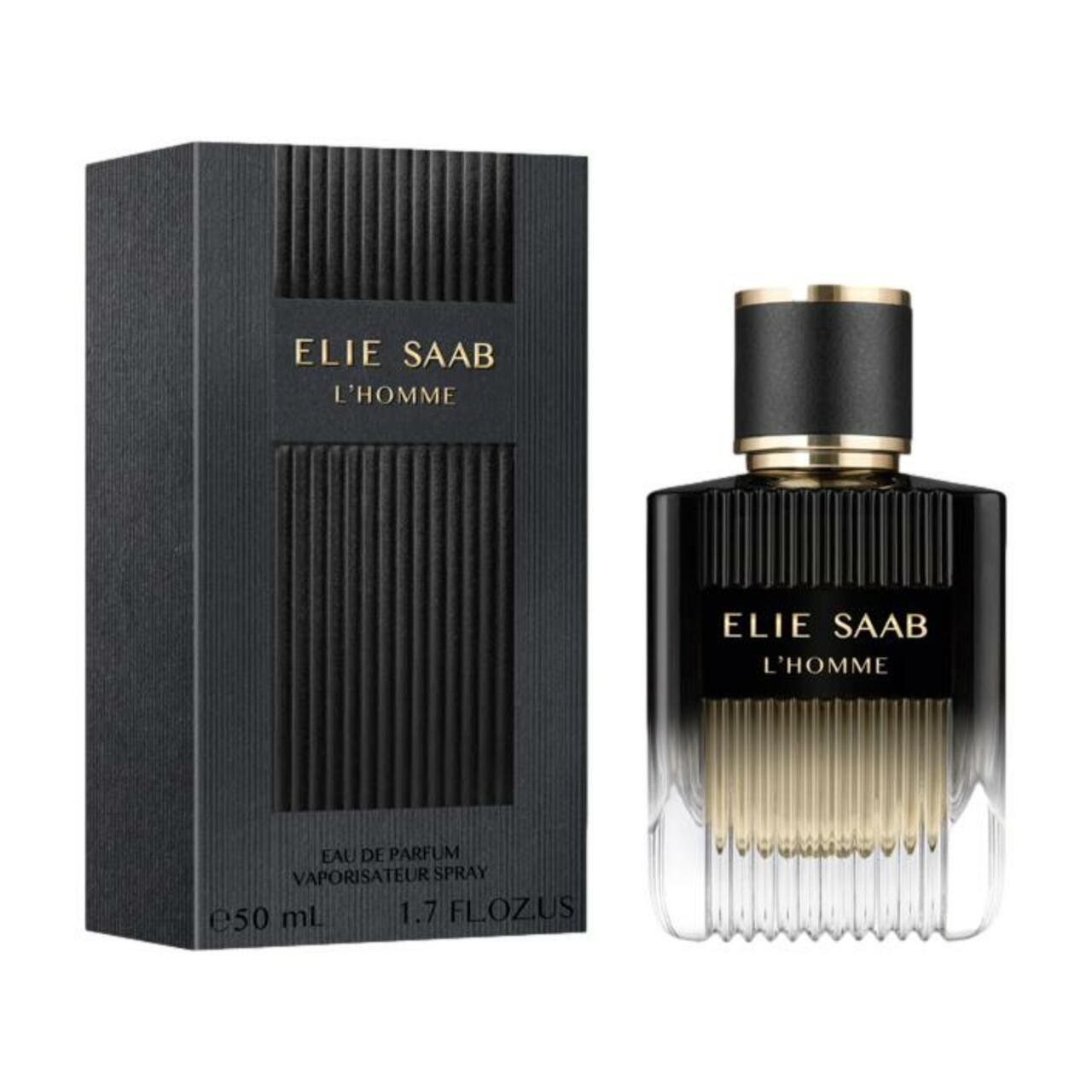 Schwarzer Flakon und Schachtel. Aufschrift: ELIE SAAB L'HOMME. Flakon: 50 ml, 1.7 FL.OZ. Schachtel: Text.