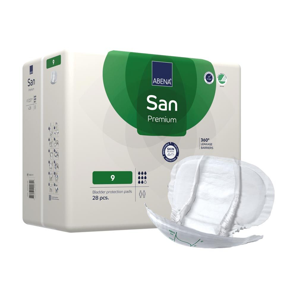 ABENA San Premium Vorlagen 9, Packung. Blasen-Schutz-Pads, 28 Stück. Sichtbar: Marke, Produktname, Saugfähigkeit, 360° Leckage Barrieren.
