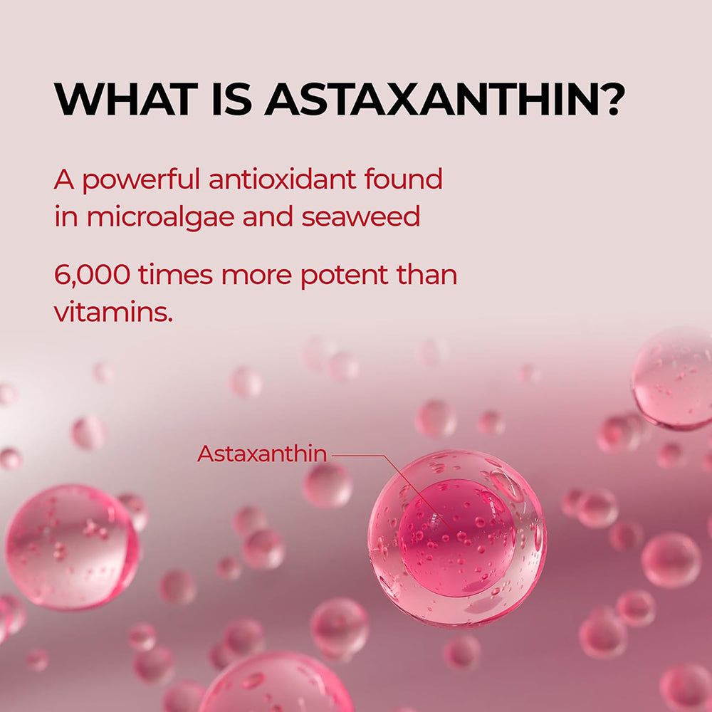 Grafik mit Text: Was ist Astaxanthin? Antioxidans in Mikroalgen und Seetang. 6.000 mal stärker als Vitamine. Astaxanthin-Zellen.