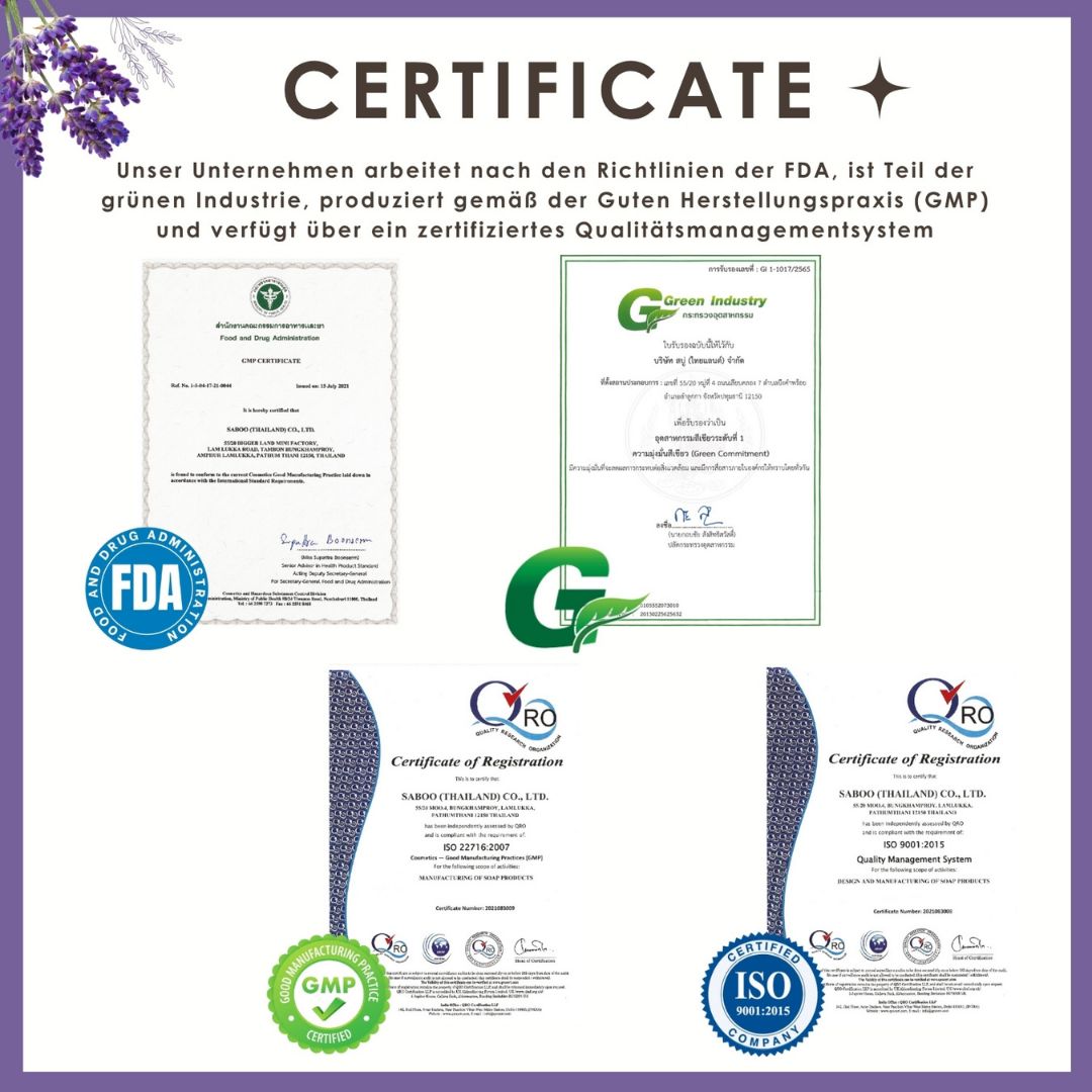 Zertifikate und Qualitätssiegel. FDA, GMP, ISO 9001, QRO. Text: Zertifikat. Logo: Green Industry.