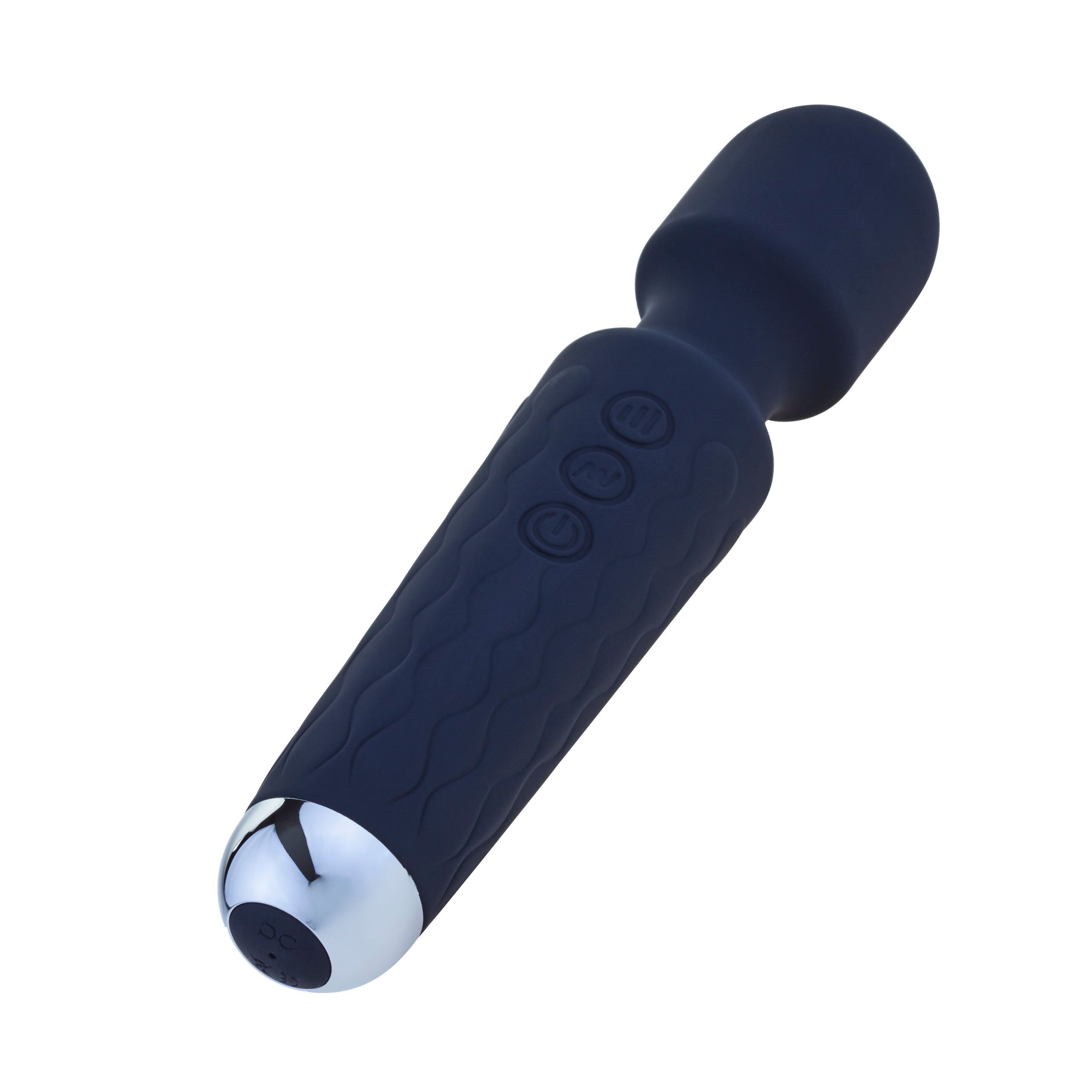 Dunkelblauer Vibrator mit wellenförmiger Textur und drei Knöpfen. Silberne Spitze. Oberteil abgerundet.